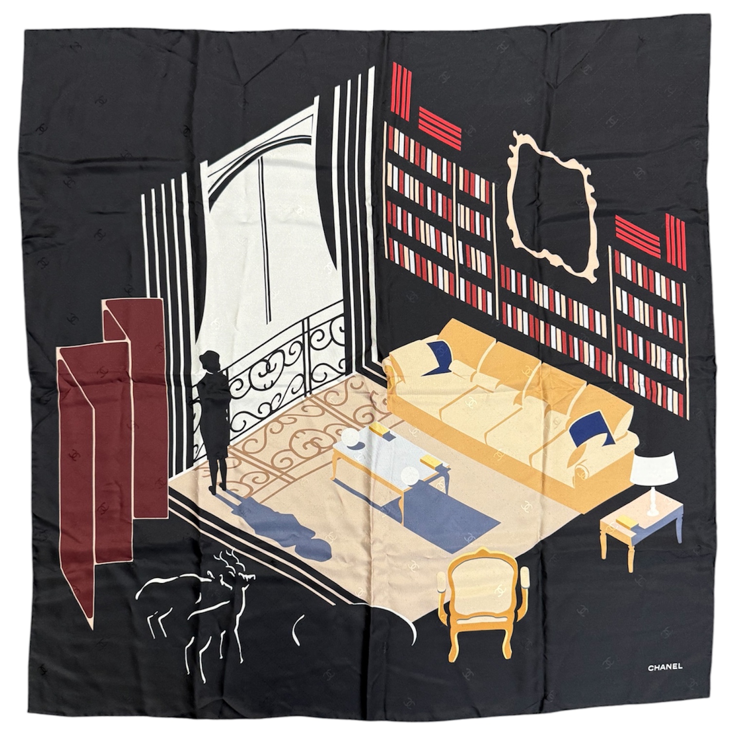 CHANEL CARRE APARTMENT INTERLOCKING COCO EN SOIE FOND NOIR + BOITE