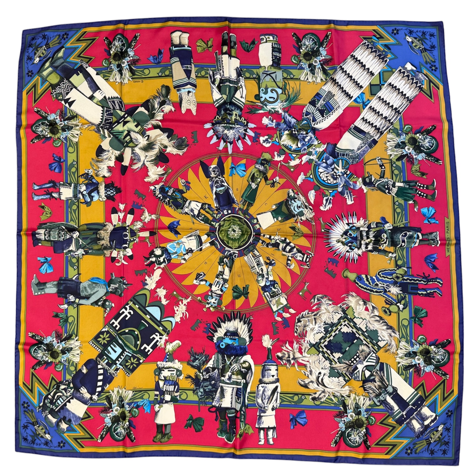 HERMES CARRE KACHINAS DE KERMIT OLIVER CONTOUR BLEU FOND ROUGE