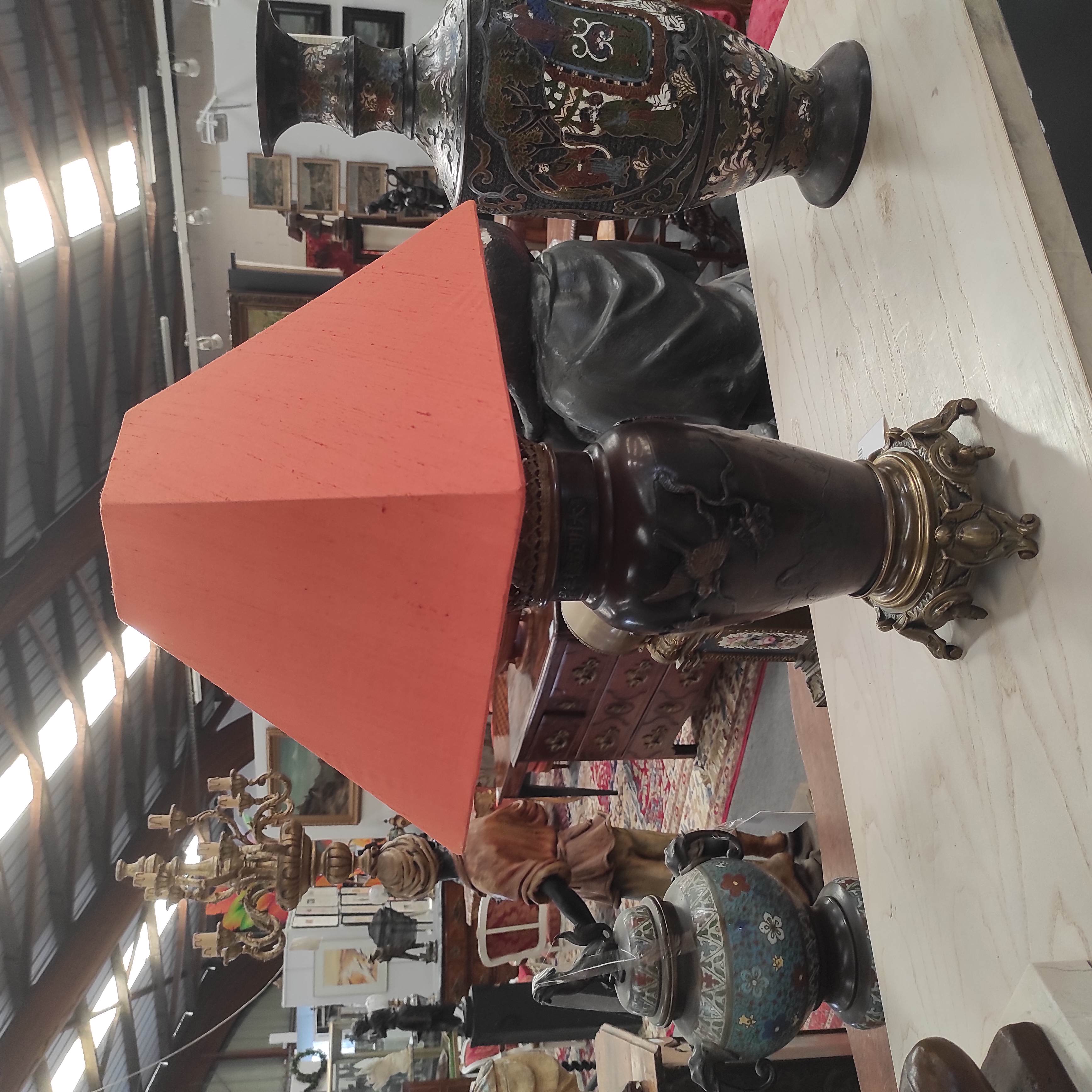 LAMPE ASIATIQUE PIED CLOISONNE DECOR COQ ABAT-JOUR ORANGE