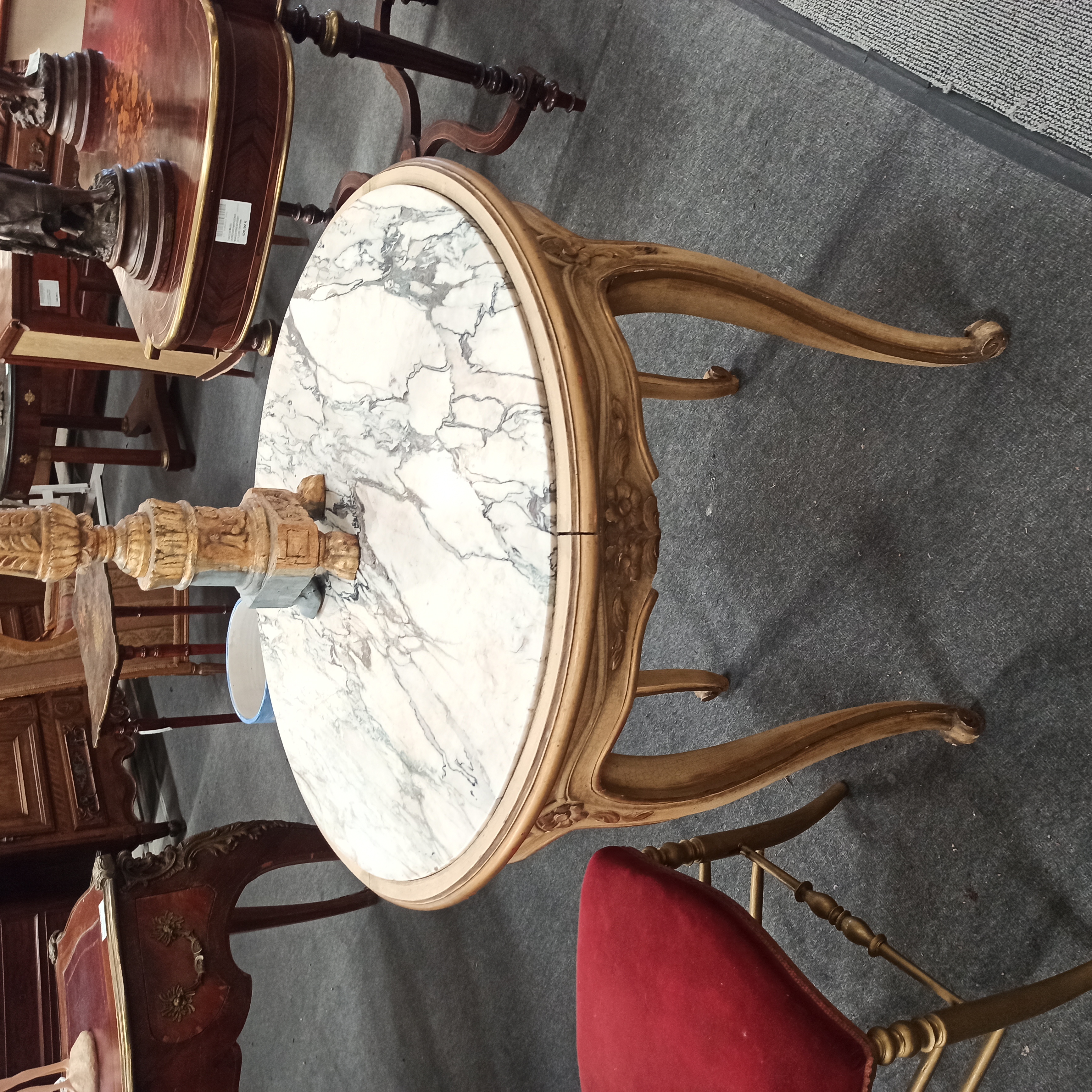7 M6 GUERIDON CIRCULAIRE 80/76 CM BOIS PEINT PLATEAU MARBRE