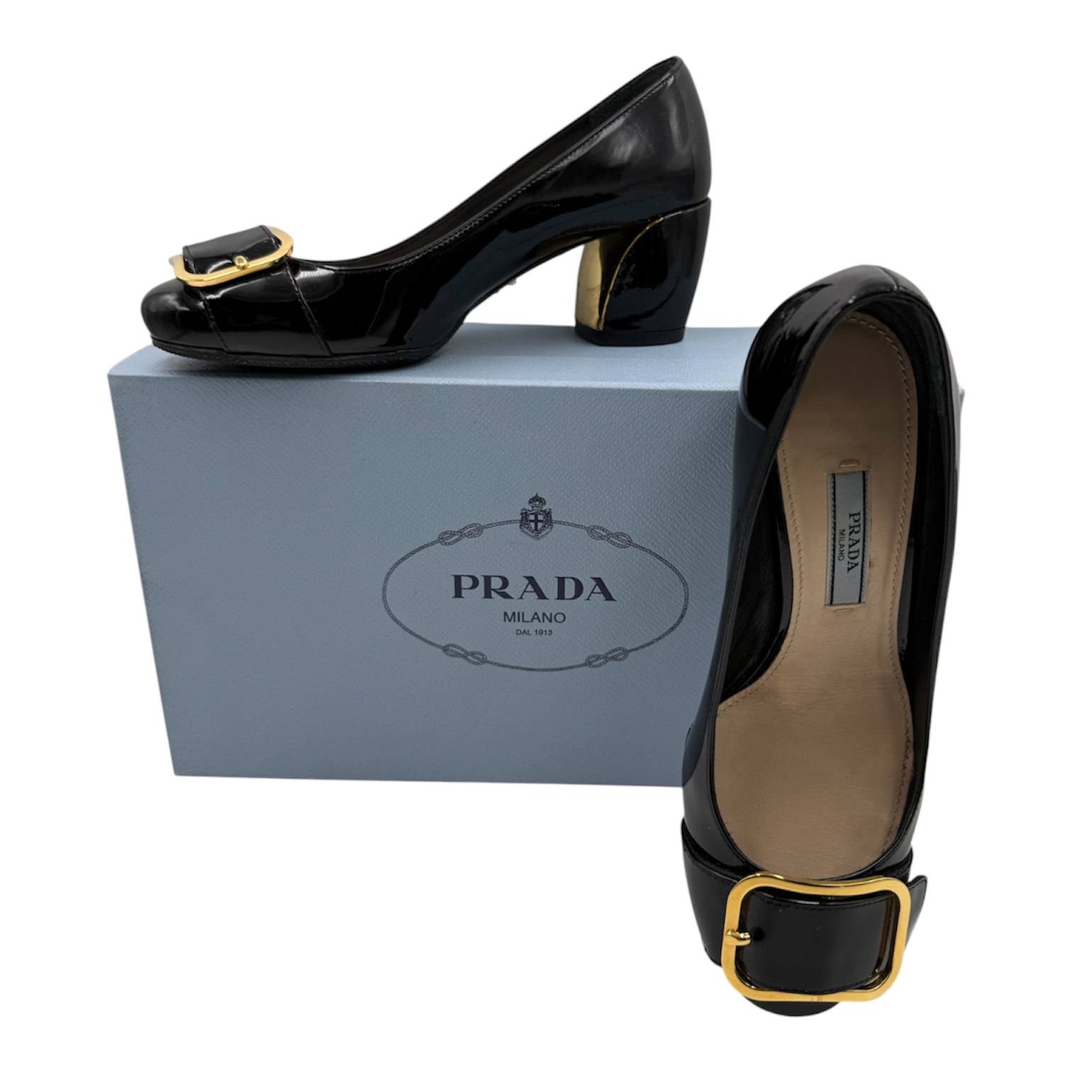 PRADA ESCARPINS EN CUIR VERNI NOIR BOUCLE DOREE T.35 + DUSTBAG + BOITE