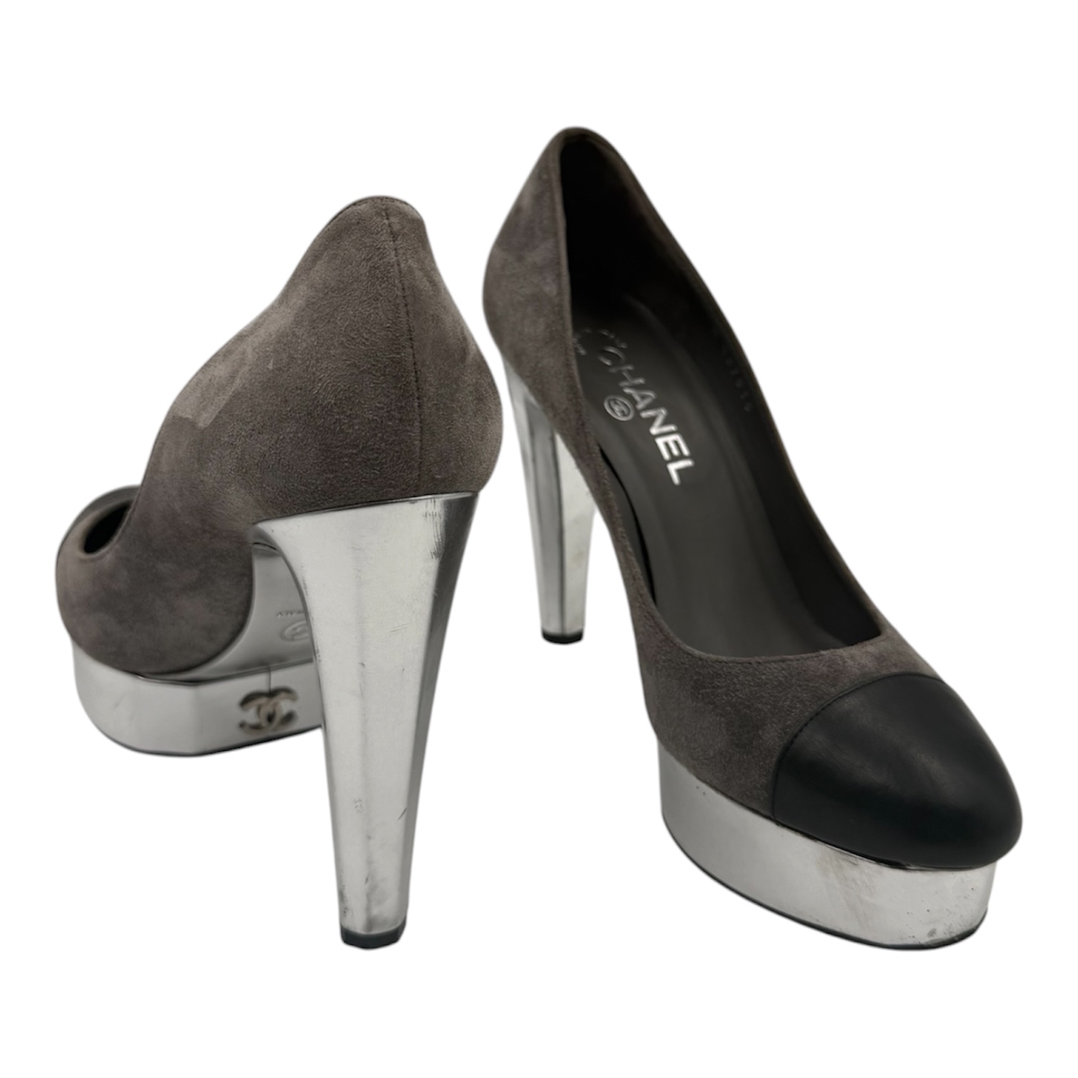 CHANEL ESCARPINS A PLATEFORME CAP TOE(AG27816) DAIM GRIS ET CUIR NOIR T. 39