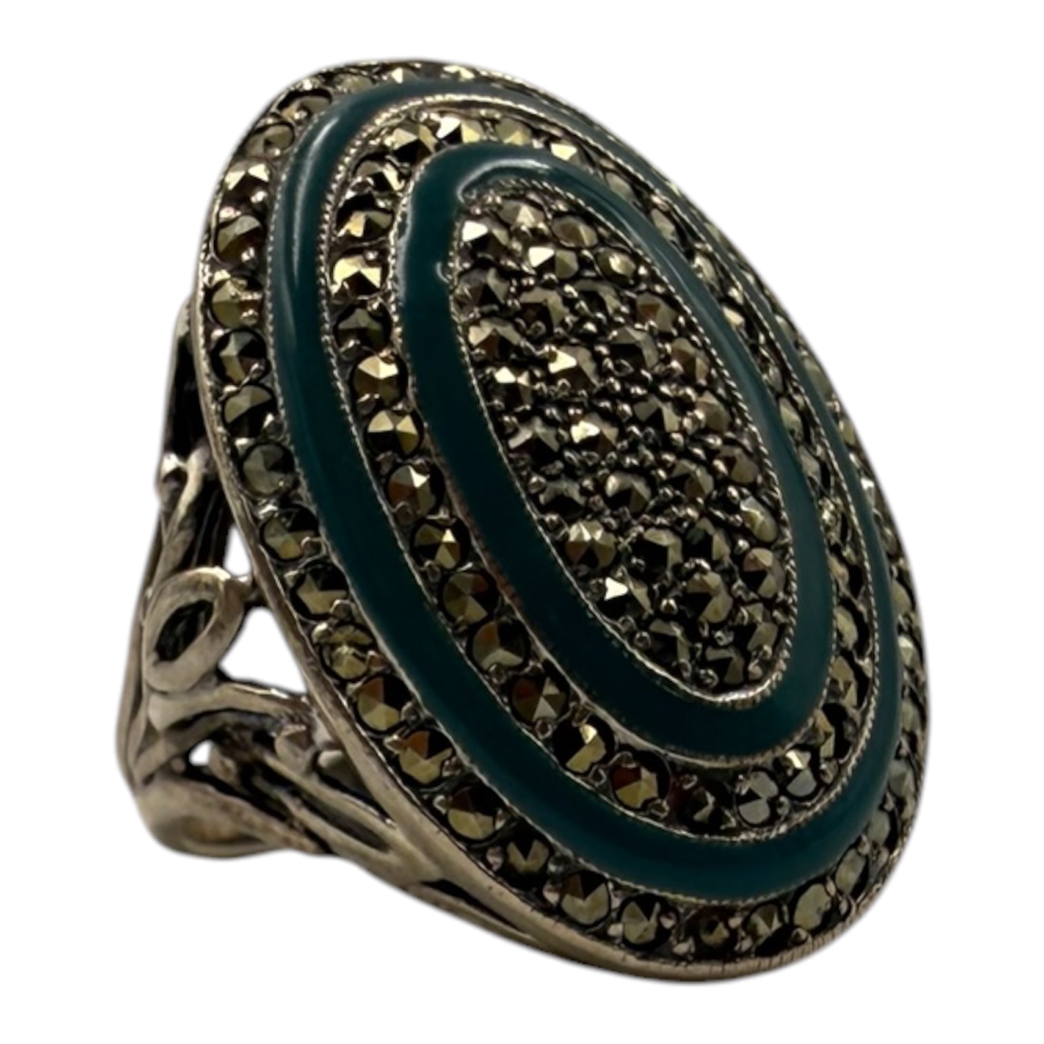 VALKYRIE BAGUE STYLE ART DECO ARGENT (925) MARCASSITES EMAIL VERT PB15.44 GR