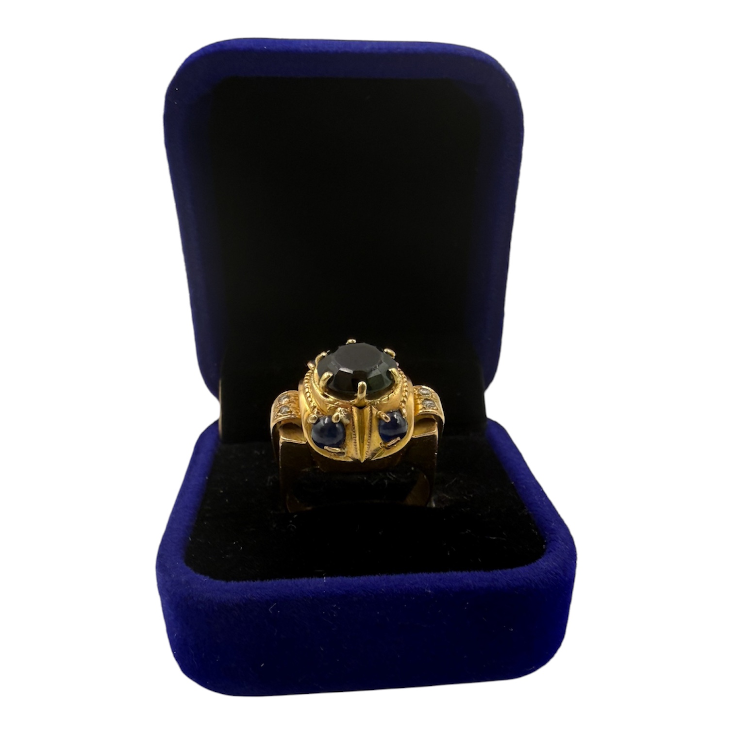 BAGUE TANK EN OR (18K) TOURMALINE VERTE ?? 4 SAPHIRS 4 DIAMANTS P.B. 9.62 GR