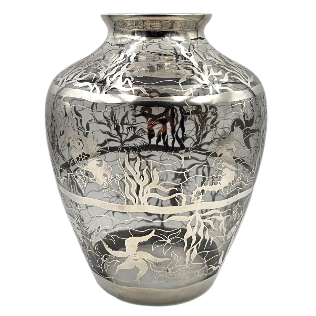 SAINT-GRAAL IMPORTANT VASE EN VERRE DECOR FONDS MARINS ARGENTE H.26CM