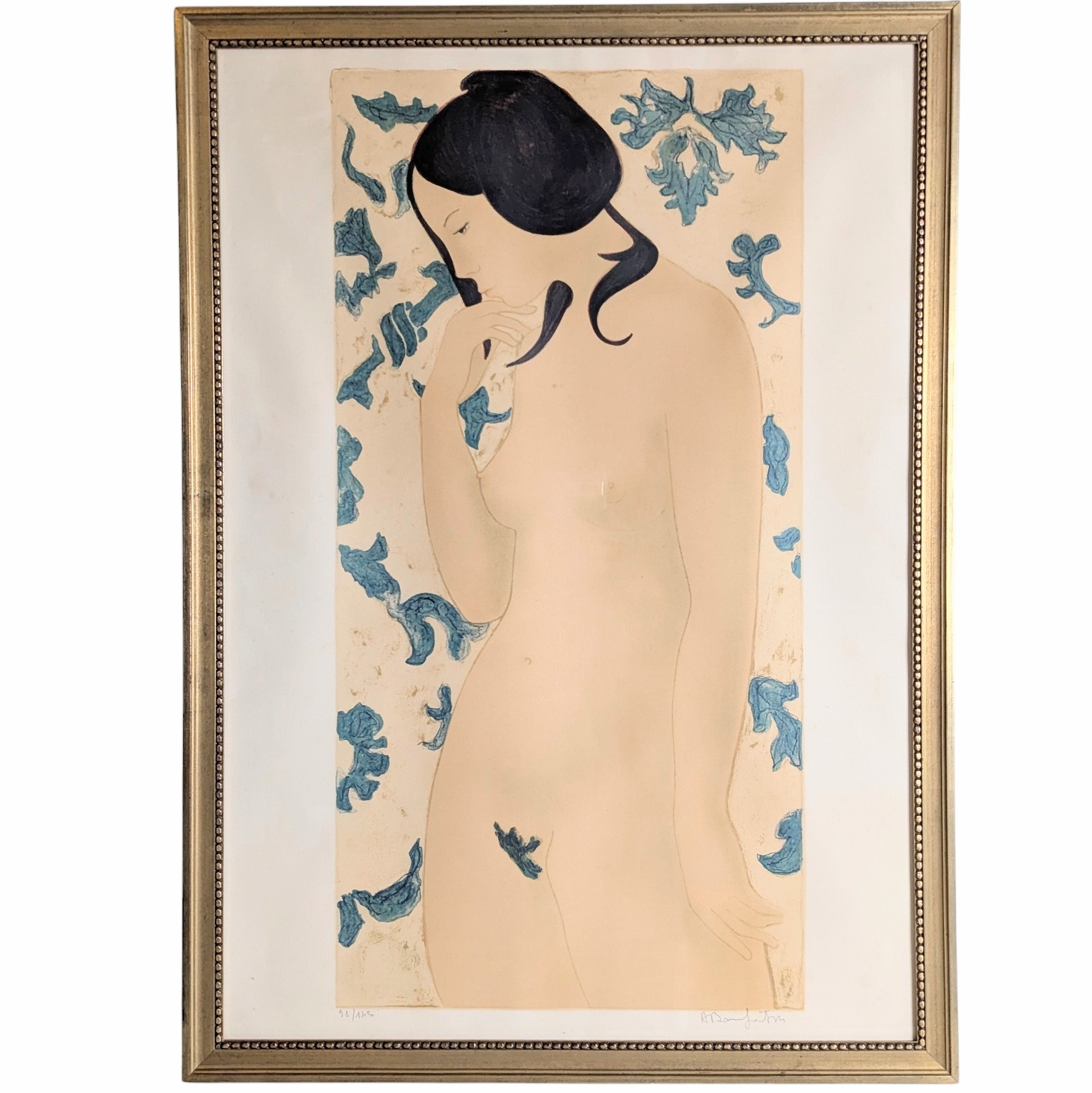 ALAIN BONNEFOIT LITHOGRAPHIE NU AUX FLEURS BLEUES 82 x 58 CM