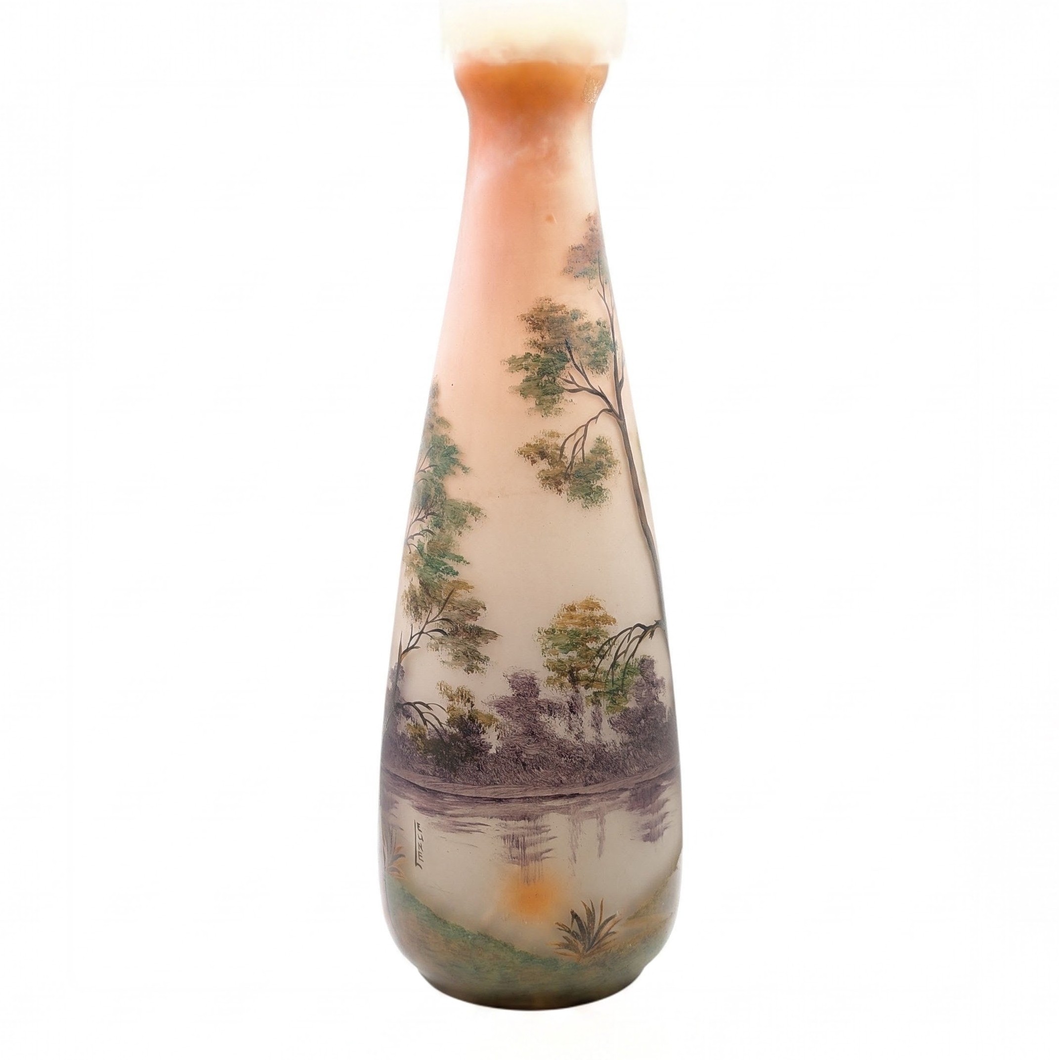 LEUNE GRAND VASE EN VERRE DEPOLI 1900 A DECOR DE PAYSAGE LACUSTRE H 52 CM