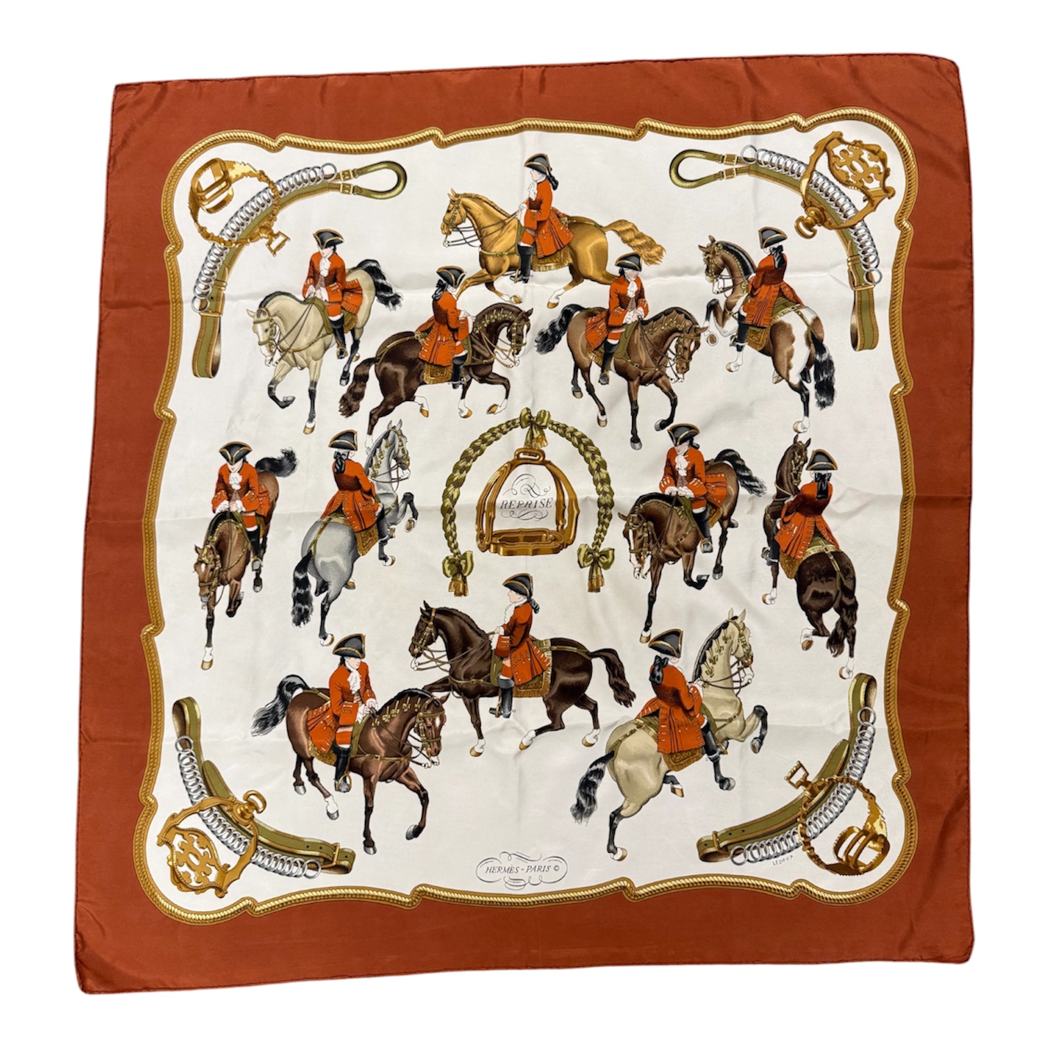 HERMES CARRE REPRISE DE PHILIPPE LEDOUX CONTOUR MARRON (1 FIL TIRE)