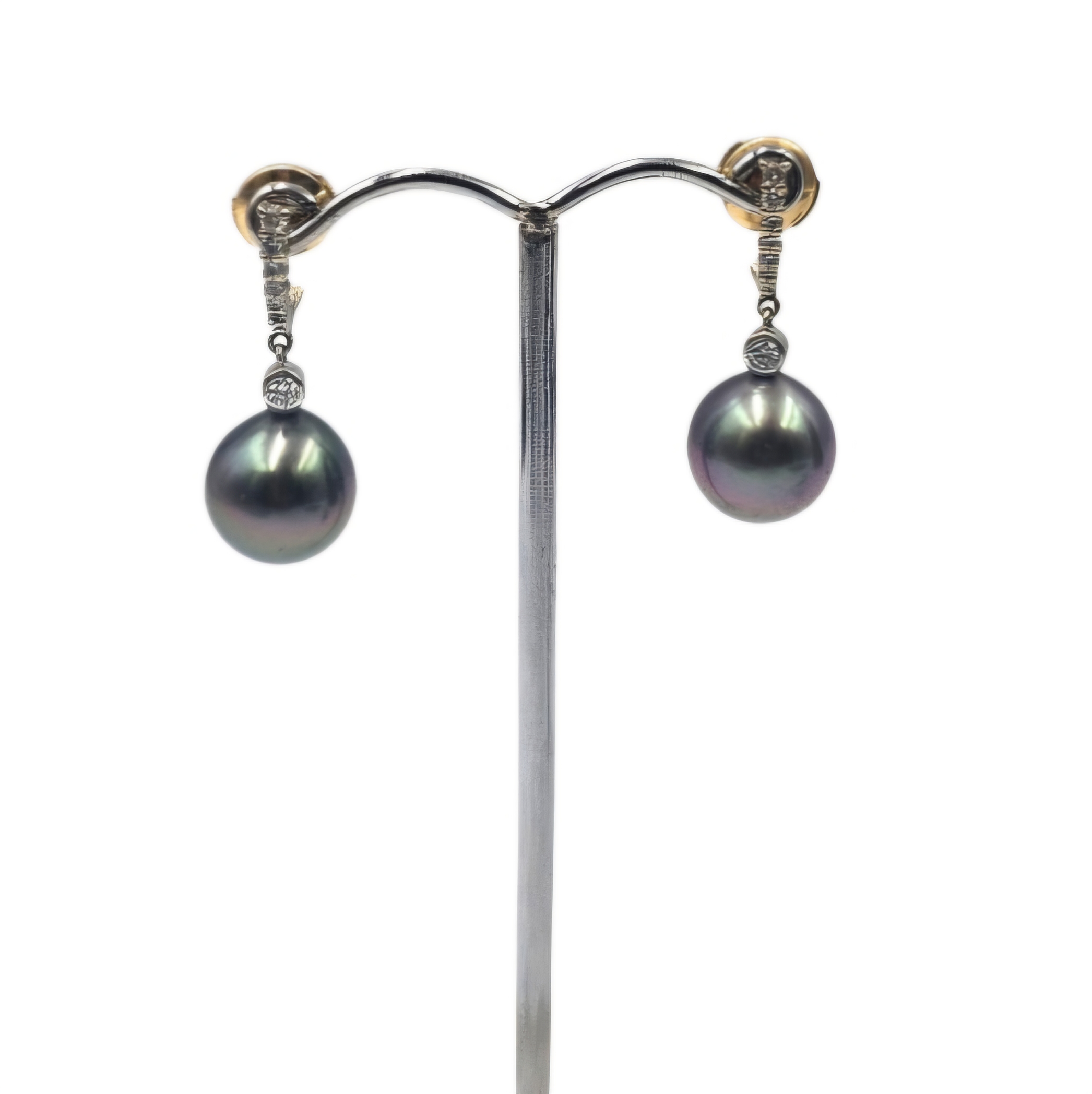 BOUCLES D OREILLES A PAMPILLES EN OR (18K) PERLE DE TAHITI + DIAMANTS PB 6.76 GR