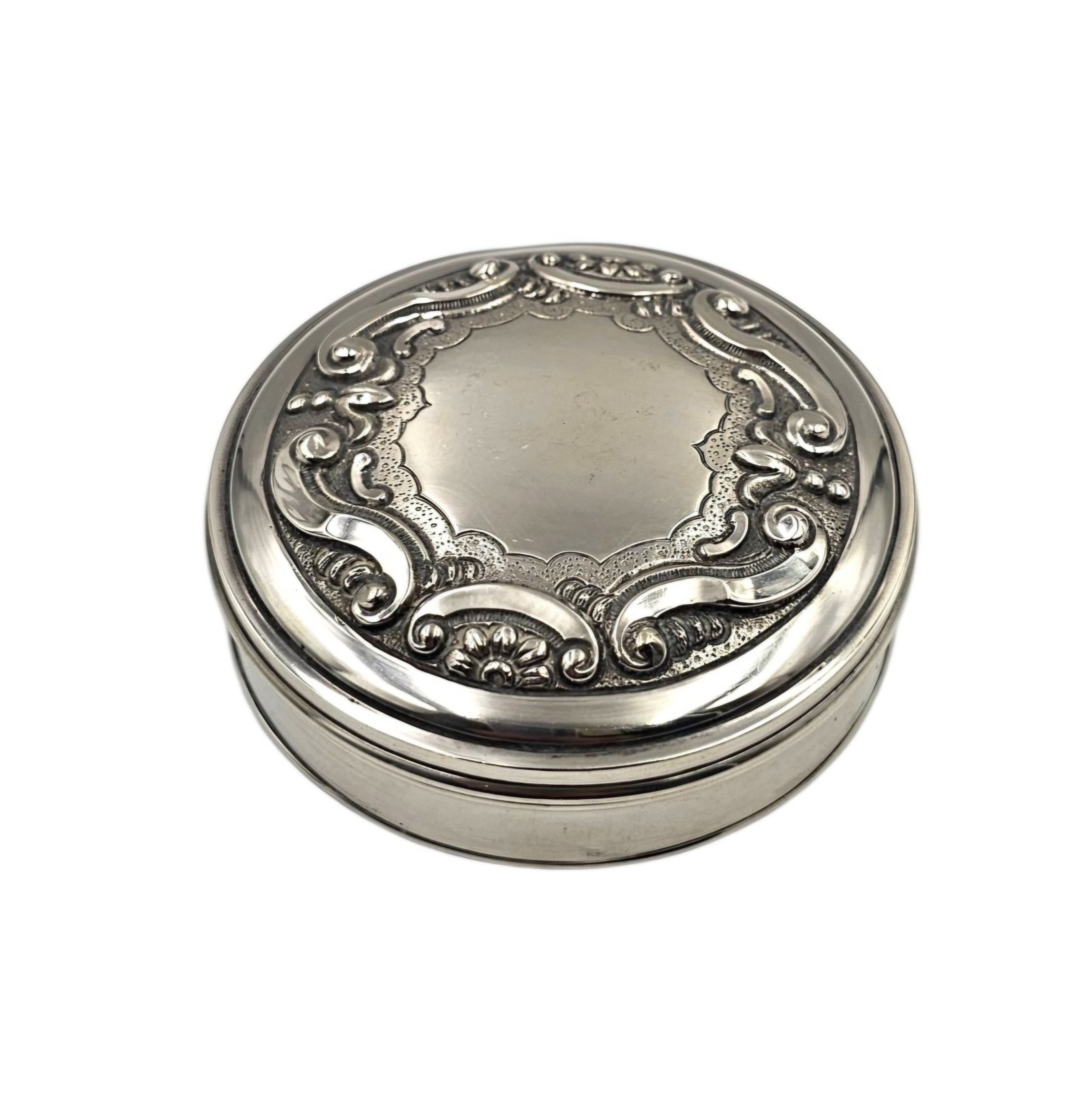 BOITE RONDE EN ARGENT (835) DECOR EN RELIEF 88.32 GR