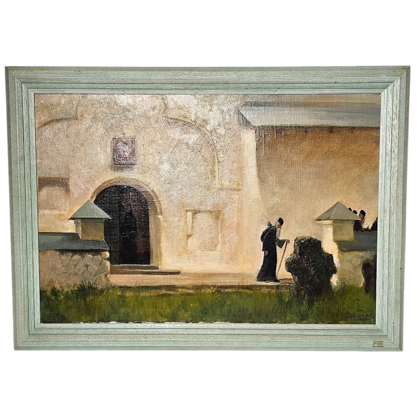 TABLEAU ECOLE RUSSE LE PARVIS DE L EGLISE ORTHODOXE 74 x 53 CM