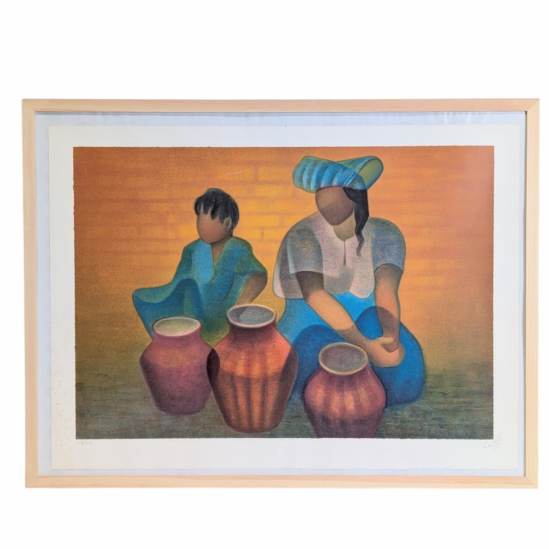 LITHOGRAPHIE TOFFOLI 47/67 CM FEMME A L ENFANT ET POTERIES