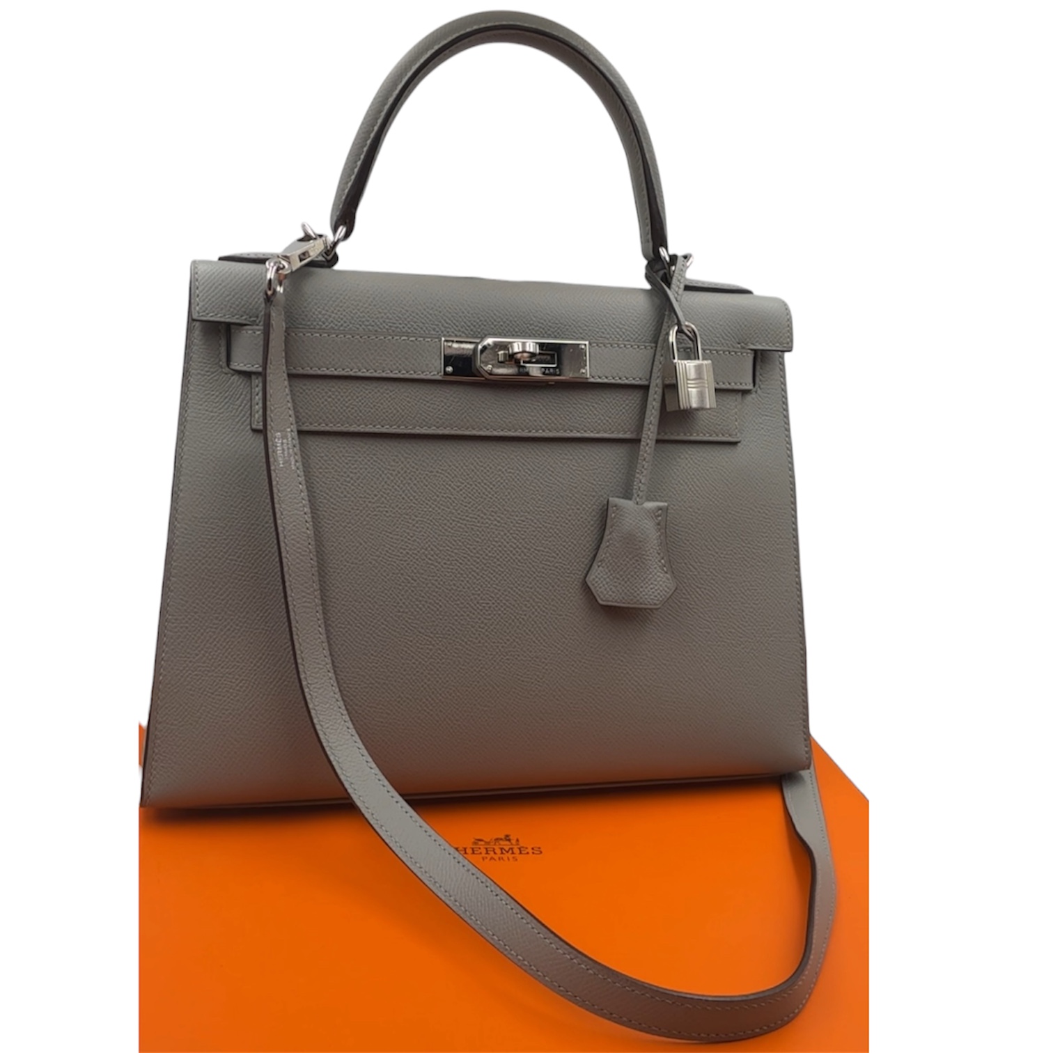 HERMES SAC KELLY 28 CUIR EPSOM GRIS MOUETTE (XHT910) PHW + FACT. + DB + BOITE