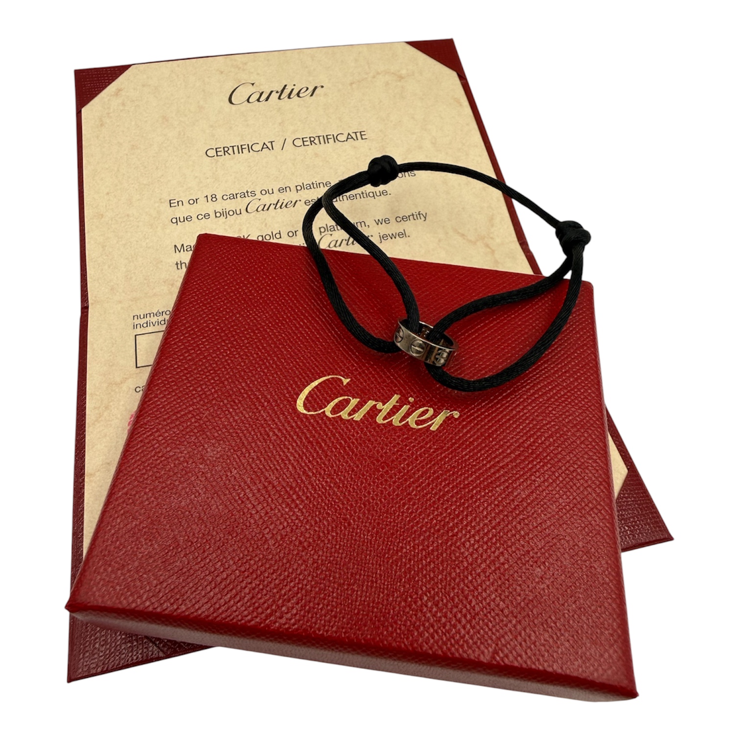 CARTIER BRACELET BABY LOVE EN OR (750) CORDON NOIR (EF5721) + C.A. + ECRIN