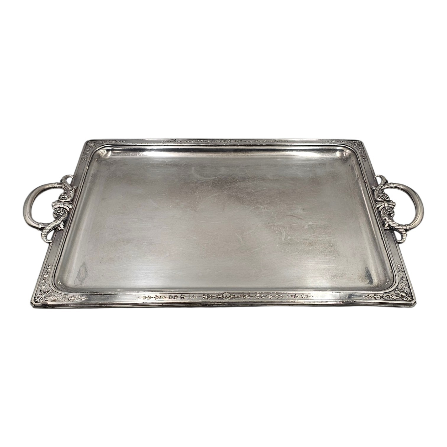 GALLIA PLATEAU RECTANGULAIRE A 2 ANSES EN METAL ARGENTE 44 X 33.5CM 