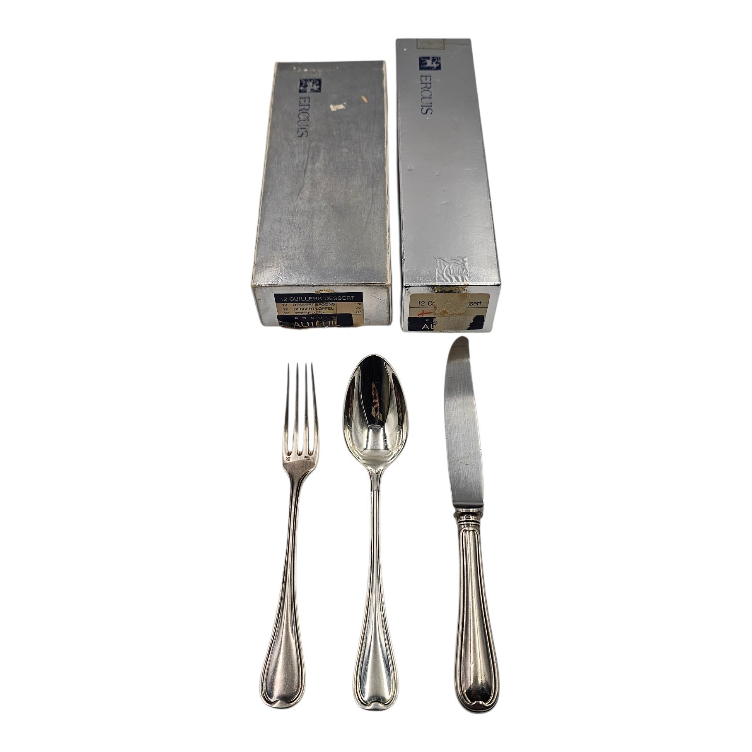 ERCUIS AUTEUIL 6 COUVERTS A ENTREMET (18 PIECES) EN METAL ARGENTE + BOITE