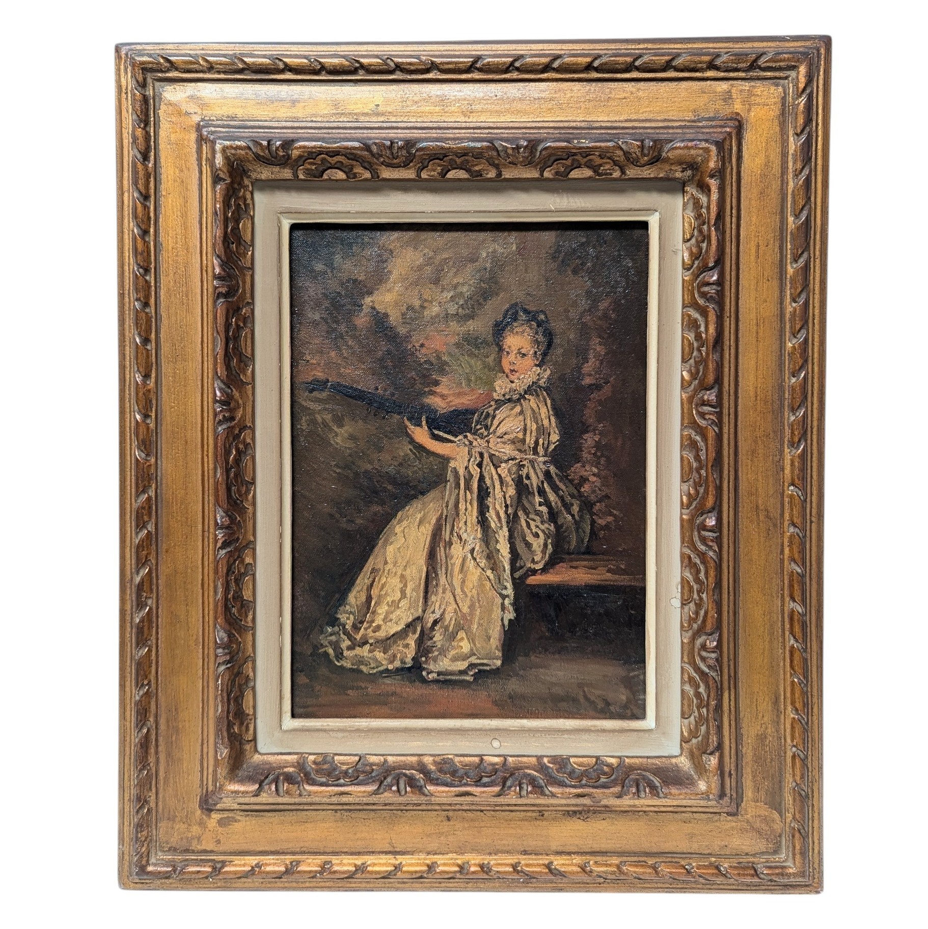 D APRES WATTEAU HST LA JEUNE FILLE A LA MANDOLINE 33/24 CM