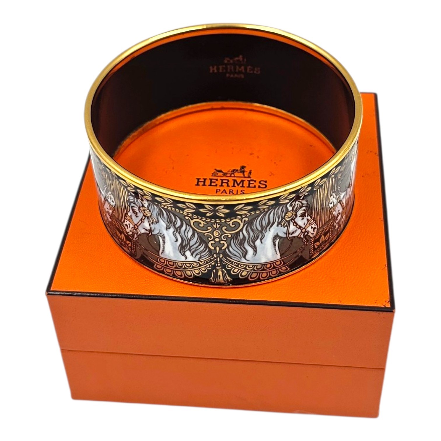 HERMES BRACELET LES HUIT CHEVAUX EN EMAIL ET PLAQUE OR + ECRIN