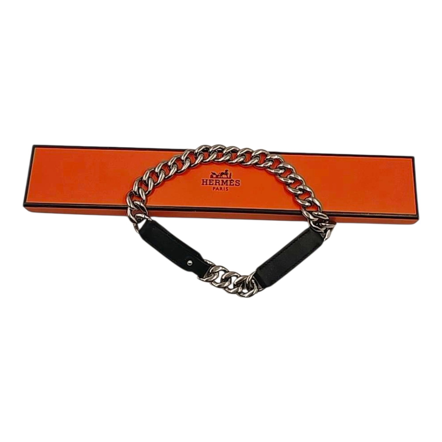 HERMES BRACELET / CHOKER FRENCHY CUIR NOIR BIJOUTERIE PHW CIRCA 2013 + ECRIN