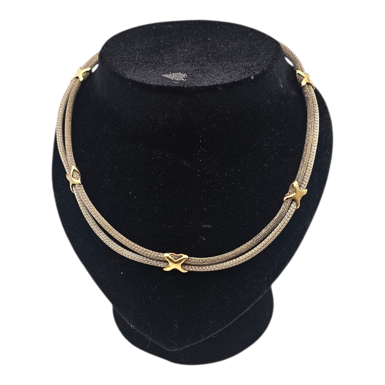 COLLIER DOUBLE RANG MAILLE TRESSEE EN ARGENT (925) AVEC NOEUDS DORES 26.4 GR