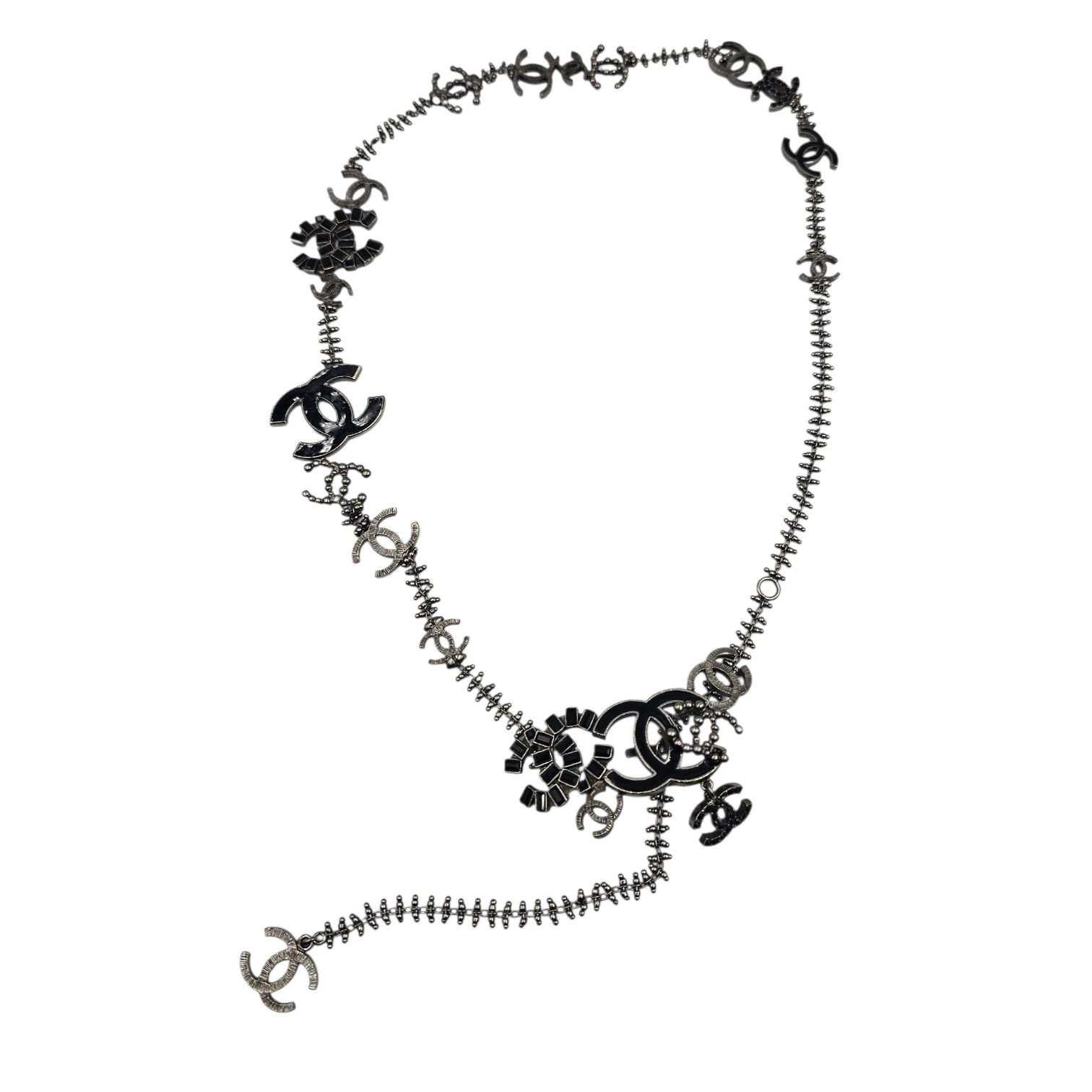 CHANEL SAUTOIR / CEINTURE PROTOTYPE METAL RUTHENIUM STRASS NOIR CIRCA 2009