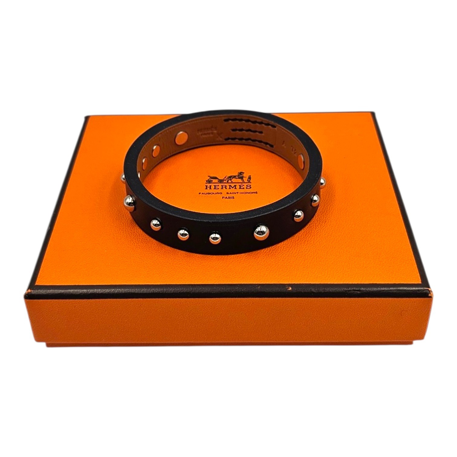HERMES BRACELET MINI DOG CLOUS RONDS CUIR NOIR PALLADIUM ARGENTE CIRCA 2017