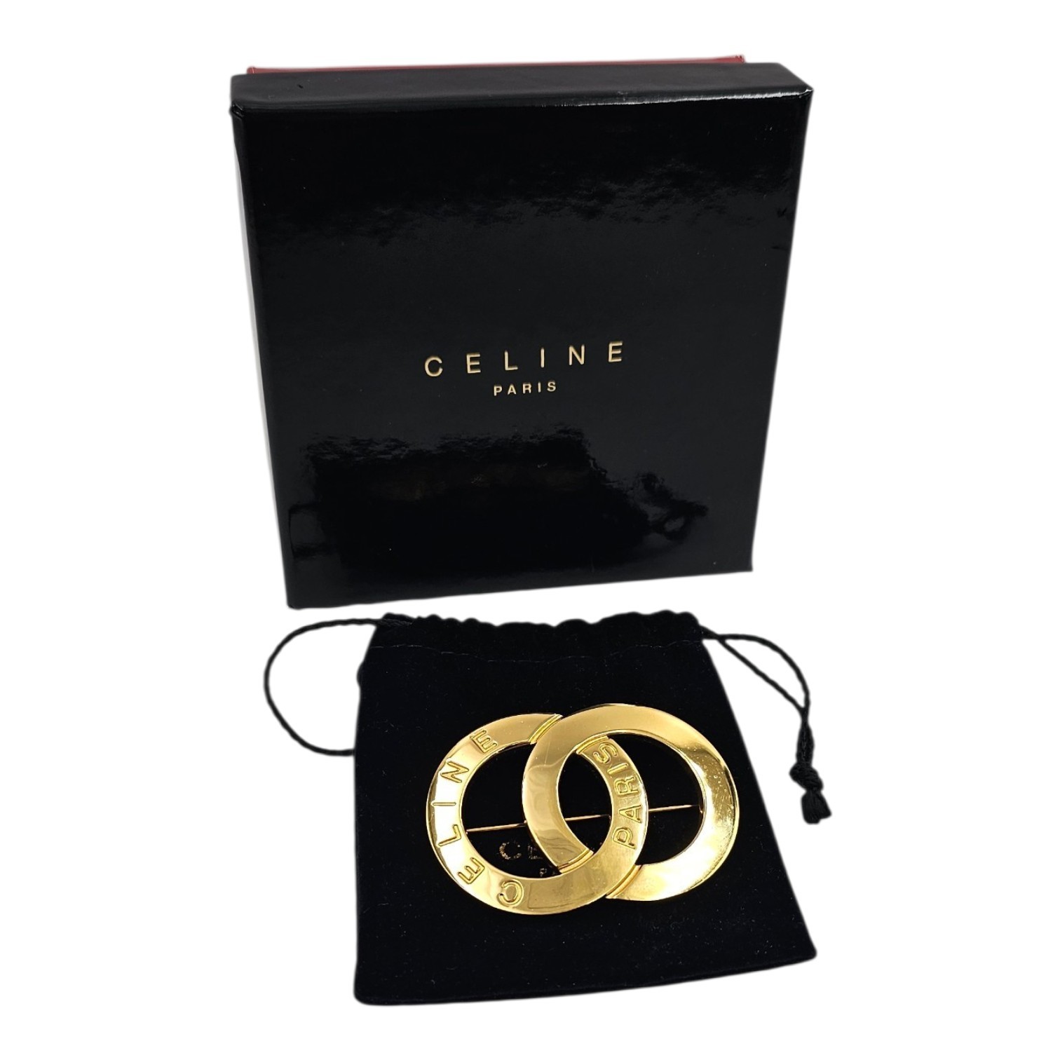 CELINE PARIS ABF BROCHE CERCLES METAL DORE CIRCA 1990 + POCHON + BOITE