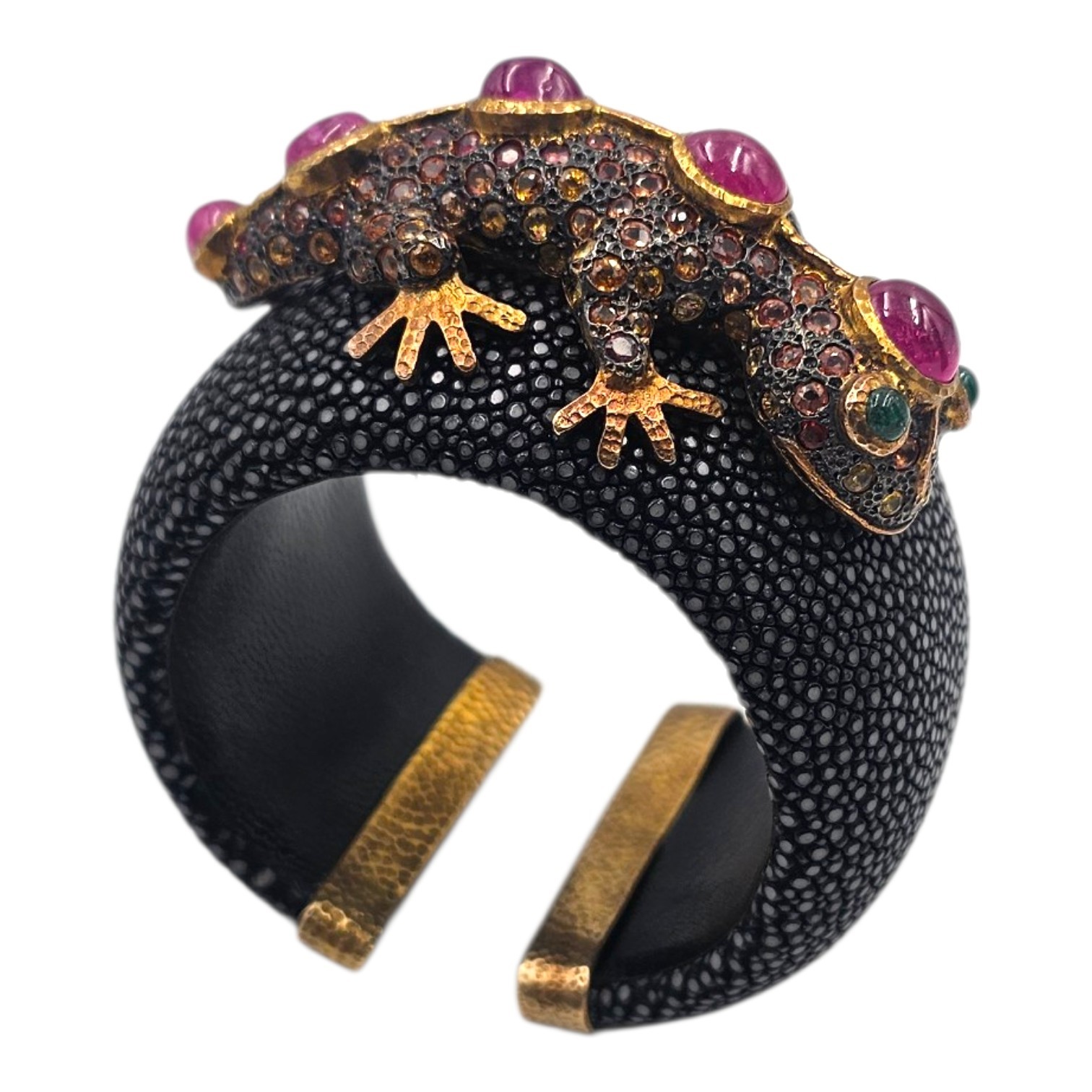 BRACELET GALUCHAT NOIR ORNE LEZARD EN ARGENT VERMEIL (925) ET SAPHIRS COLORES