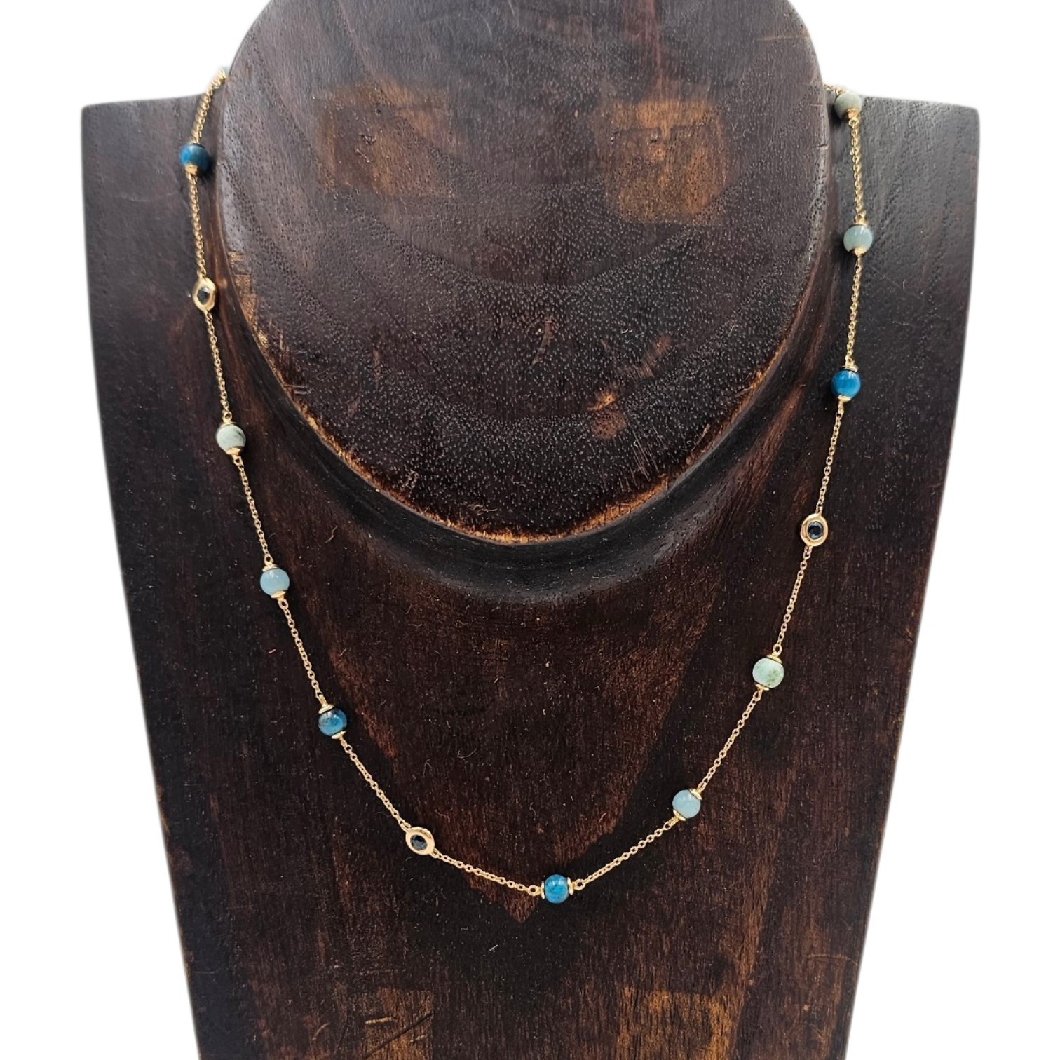 INDYGO COLLIER EN OR (750) TURQUOISE AMAZONITE APATITE TOPAZES 4.63 GR