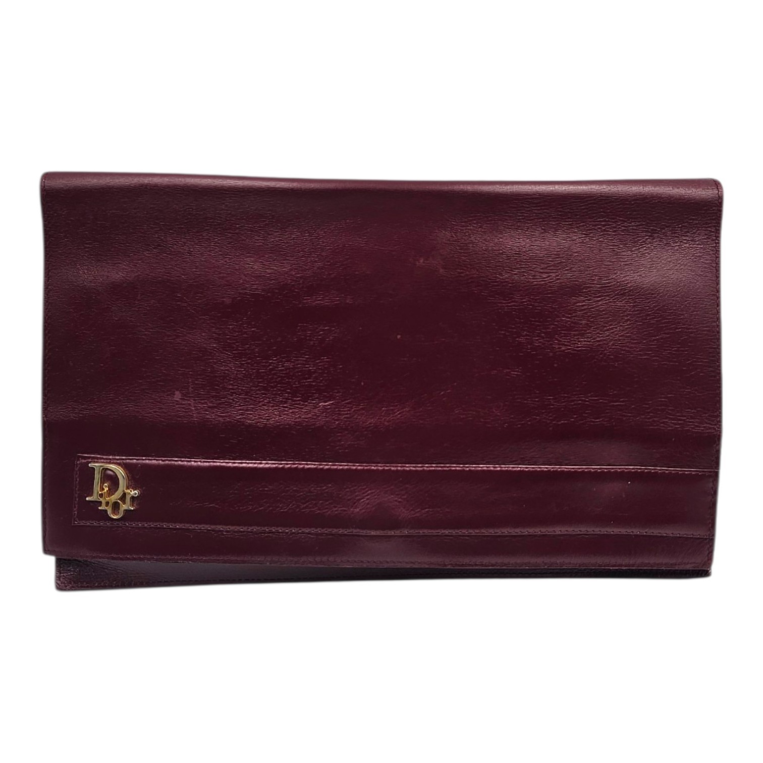 CHRISTIAN DIOR POCHETTE EN CUIR BOX ROUGE BORDEAUX CIRCA 1970 + DUST BAG