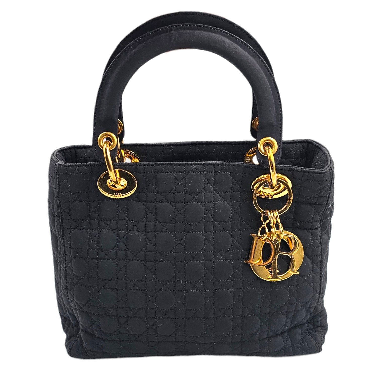 CHRISTIAN DIOR SAC LADY DIOR MEDIUM EN TOILE NOIRE MATELASSEE CIRCA 1990 + DB