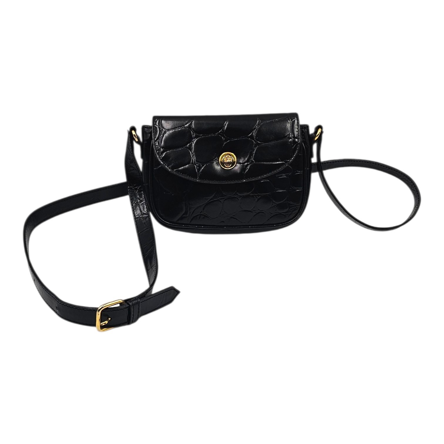 SONIA RYKIEL PETIT SAC A RABAT EN CUIR NOIR EMBOSSE FACON CROCO + DUST BAG