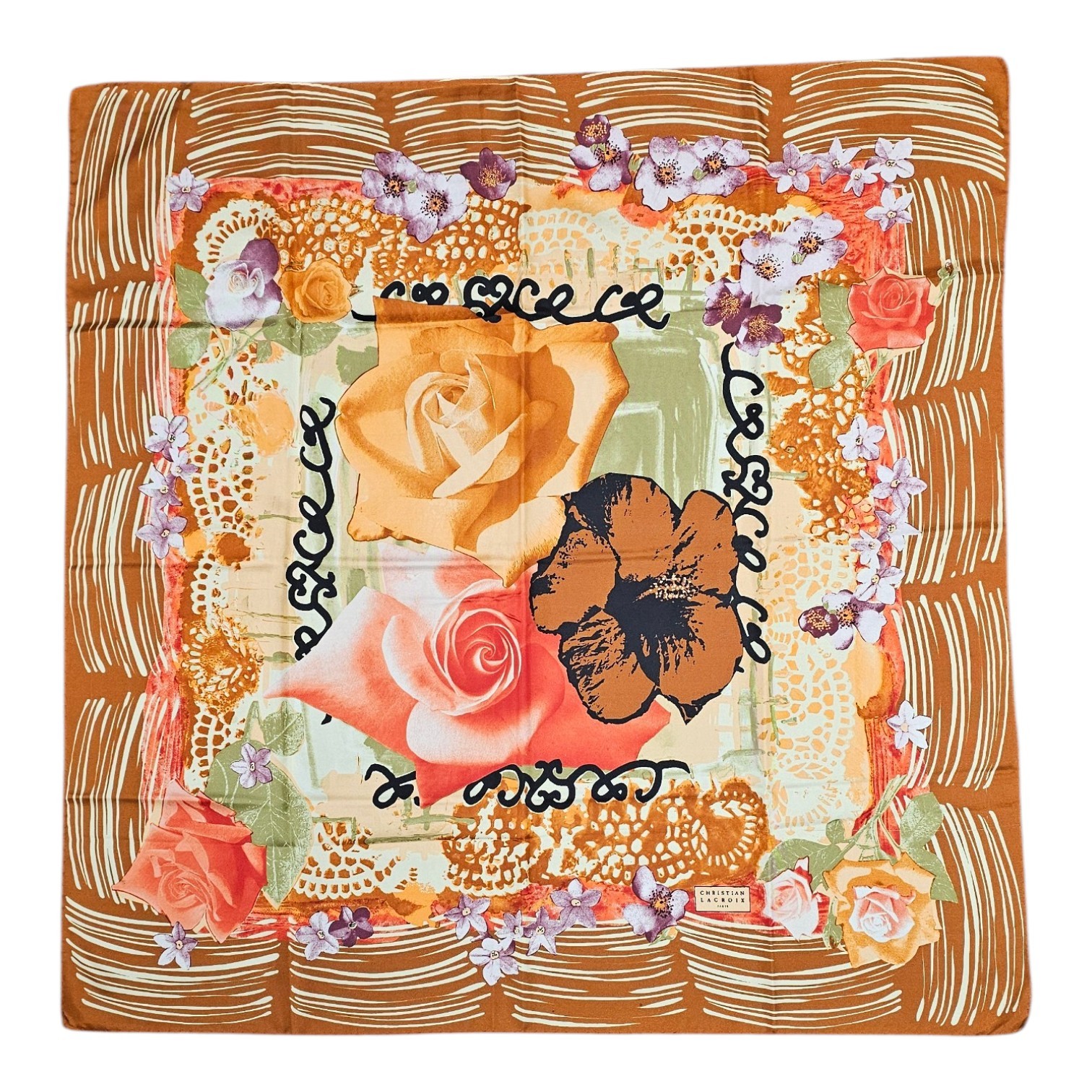 CHRISTIAN LACROIX CARRE DECOR FLORAL CONTOUR MARRON