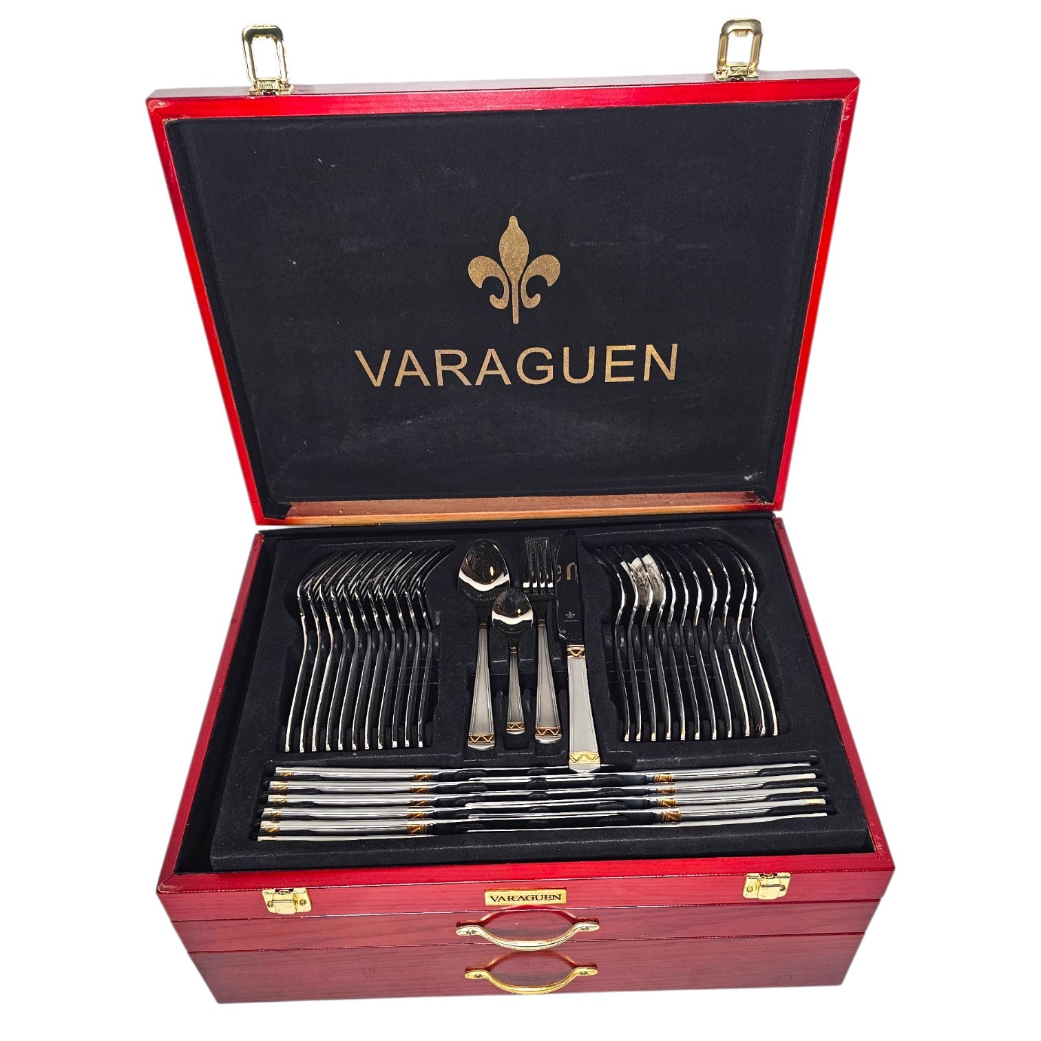 VARAGUEN MENAGERE 107 PIECES EN INOX FRISE GEOMETRIQUE OR 23 CARATS + COFFRET