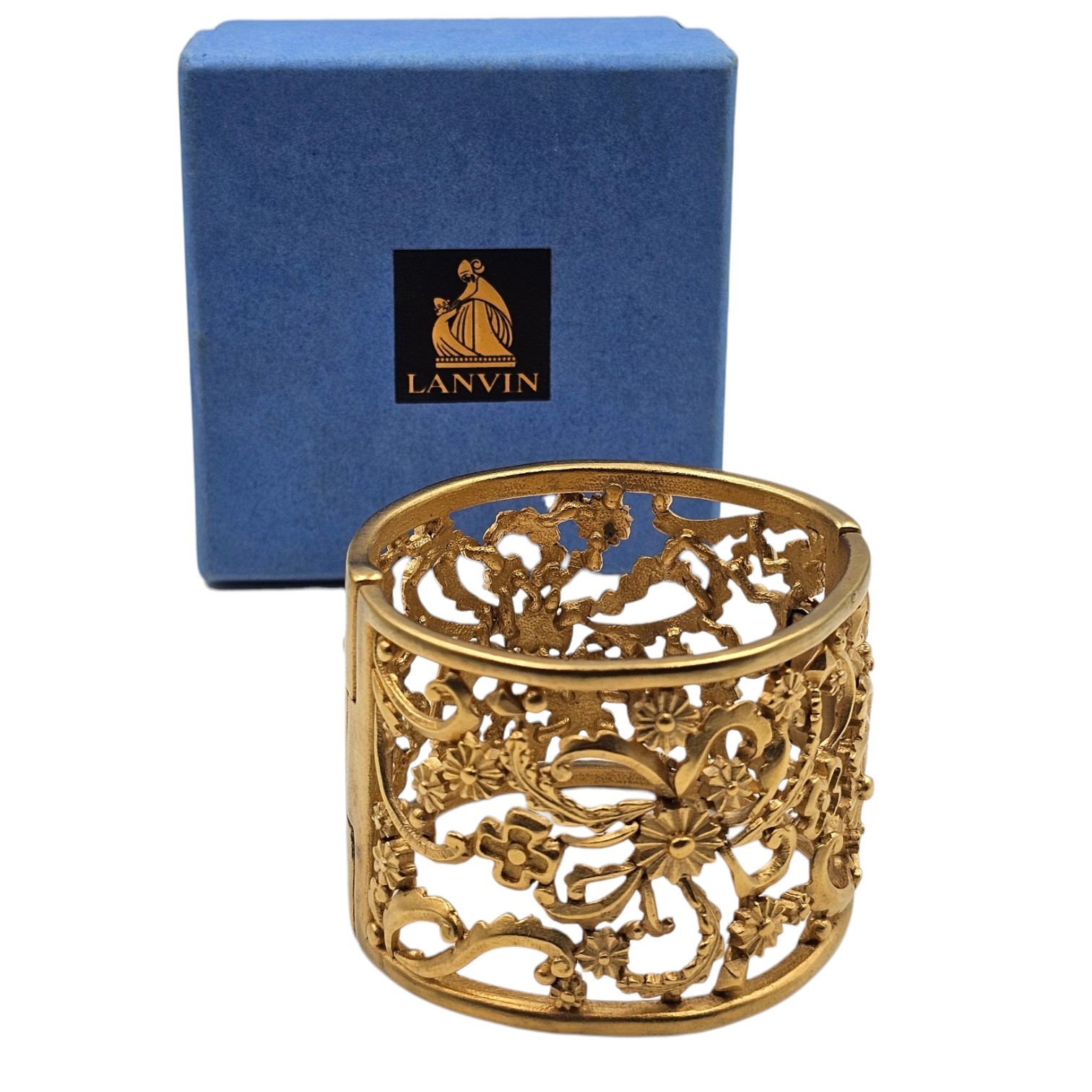 LANVIN PARIS BRACELET MANCHETTE ARPEGE LAITON PLAQUE OR + ECRIN CIRCA 1980