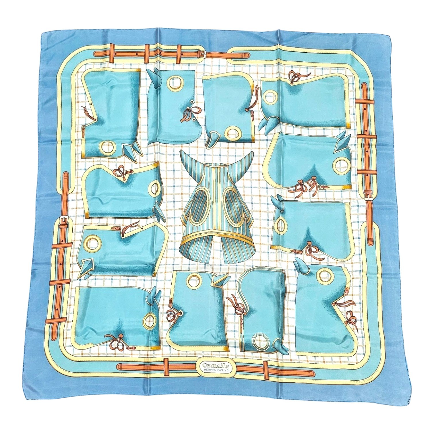 HERMES CARRE CAMAILS DE FRANCOISE DE LA PERRIERE FOND BLEU