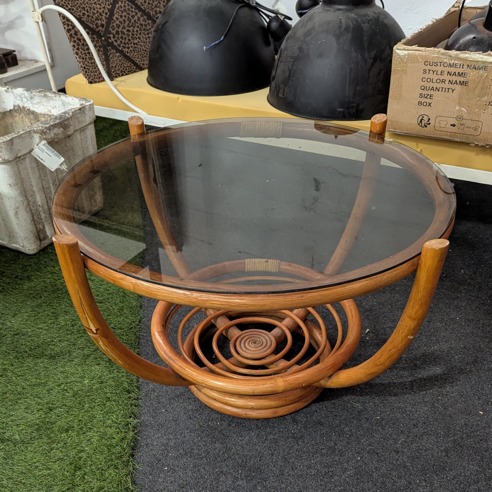TABLE BASSE RONDE ROTIN PLATEAU VERRE 76/50 CM