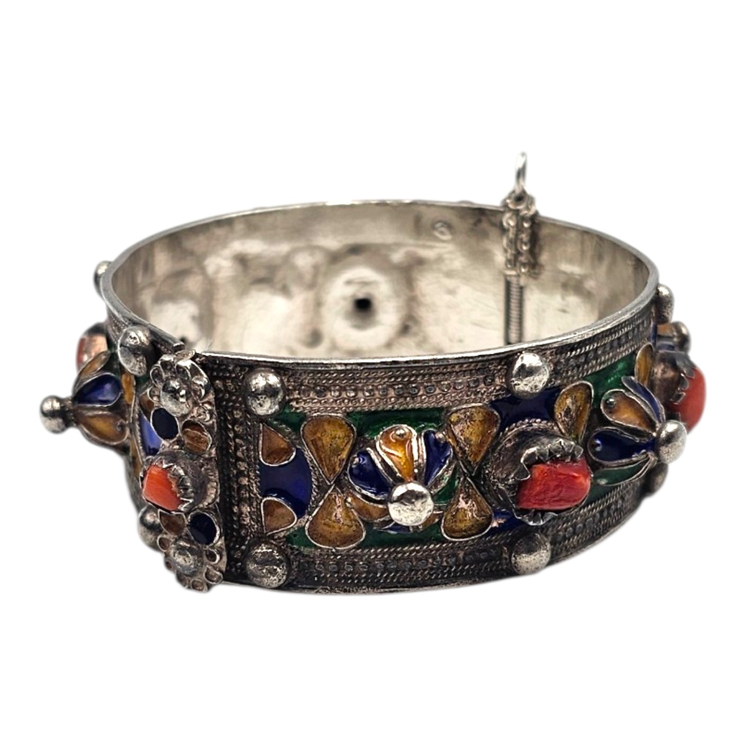BRACELET MANCHETTE AMESLUH KABYLE EN ARGENT EMAILLE ET CORAIL 57.86 GR