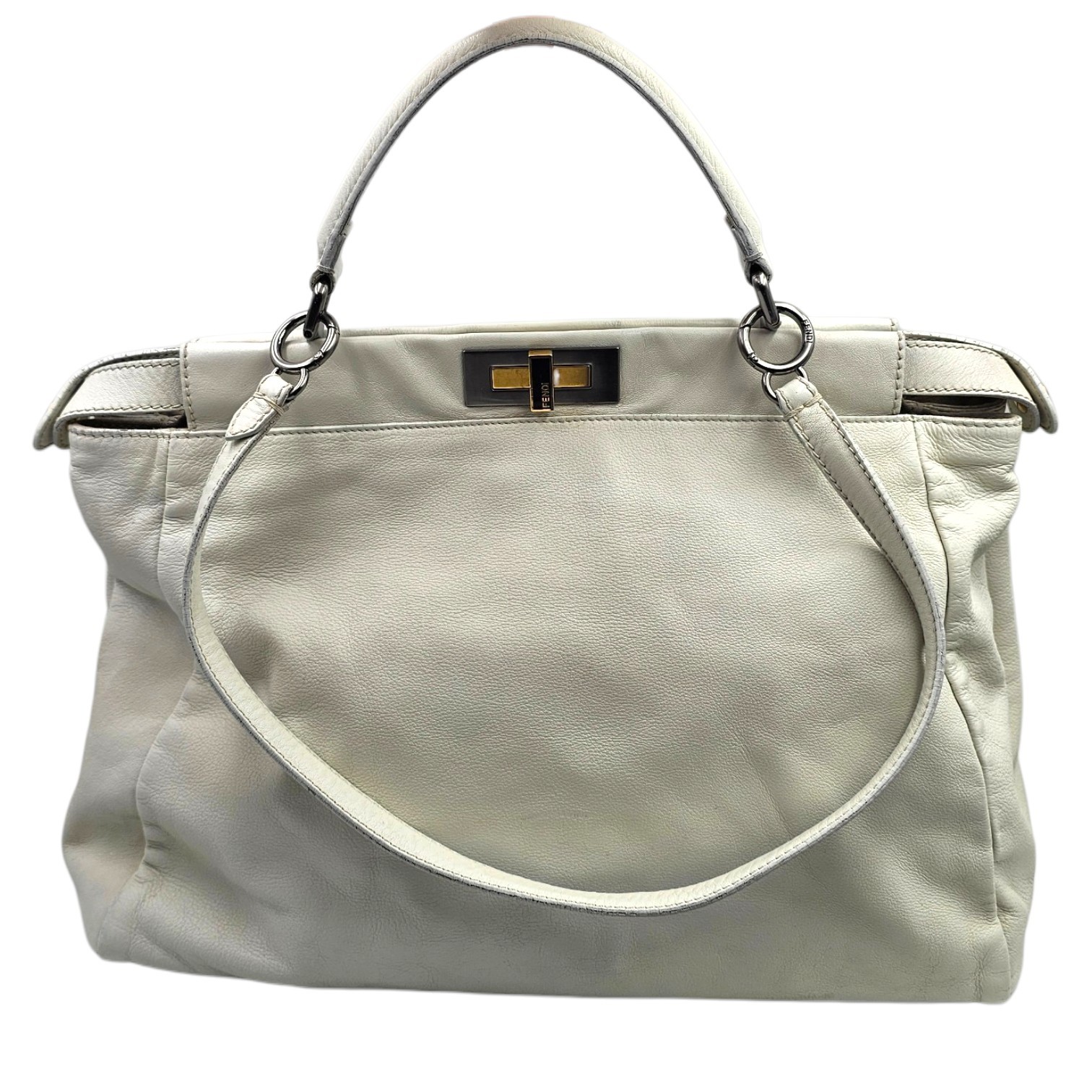 FENDI SAC PEEKABOO LARGE 40 EN CUIR BLANC (RESTAURE) BIJOUTERIE BICOLORE