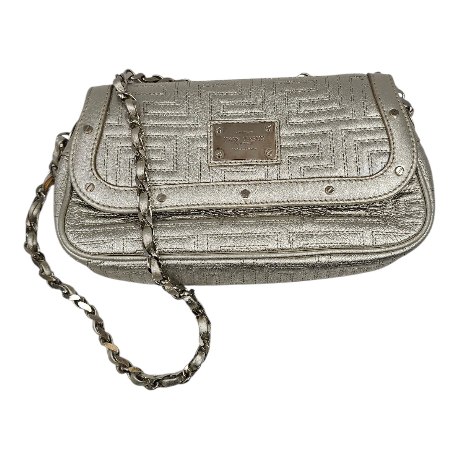GIANNI VERSACE SAC BAGUETTE EN CUIR METALLISE ARGENT CIRCA 1990 + DUST BAG