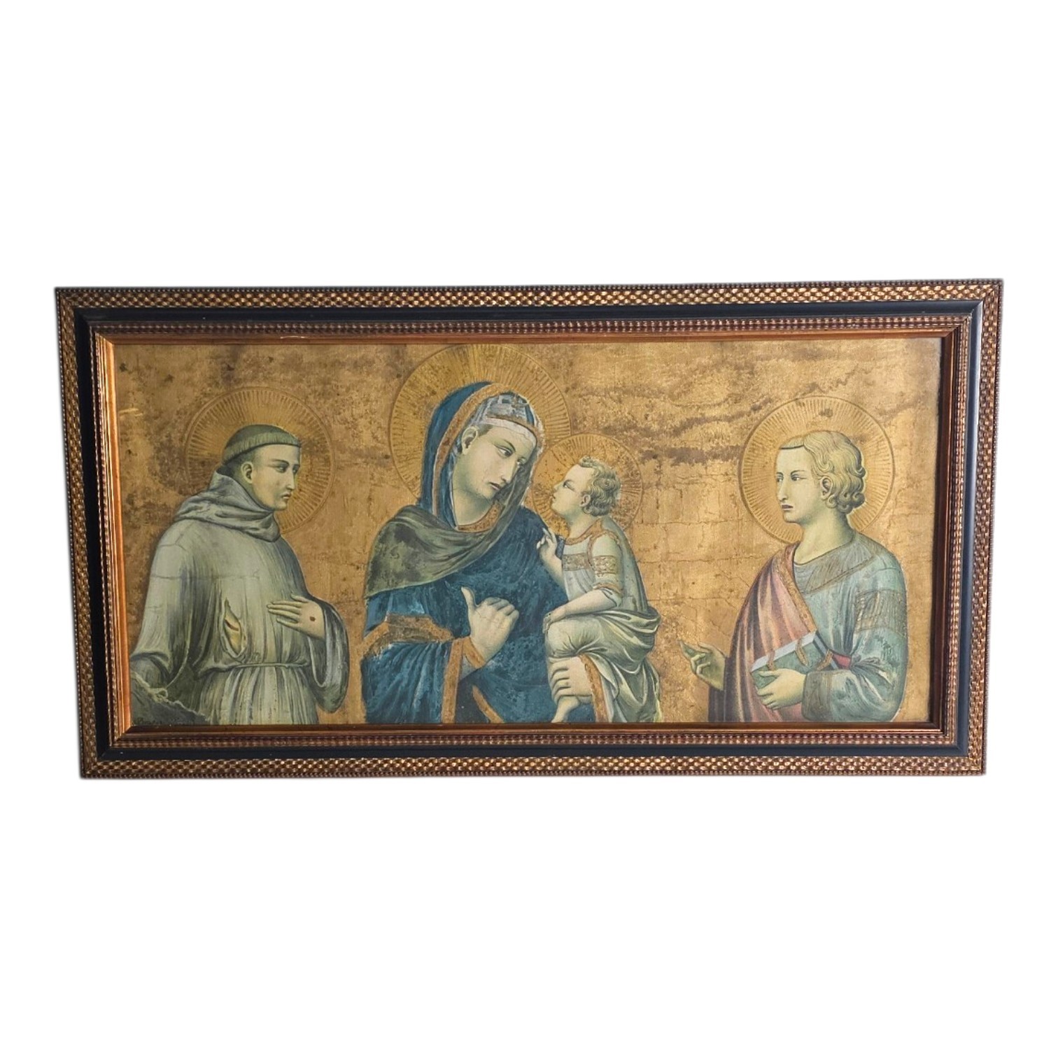 REPRODUCTION DE PIETTRO LORENZETTI D LA VIERGE A L ENFANT + ST FRANCOIS 77X37 HC