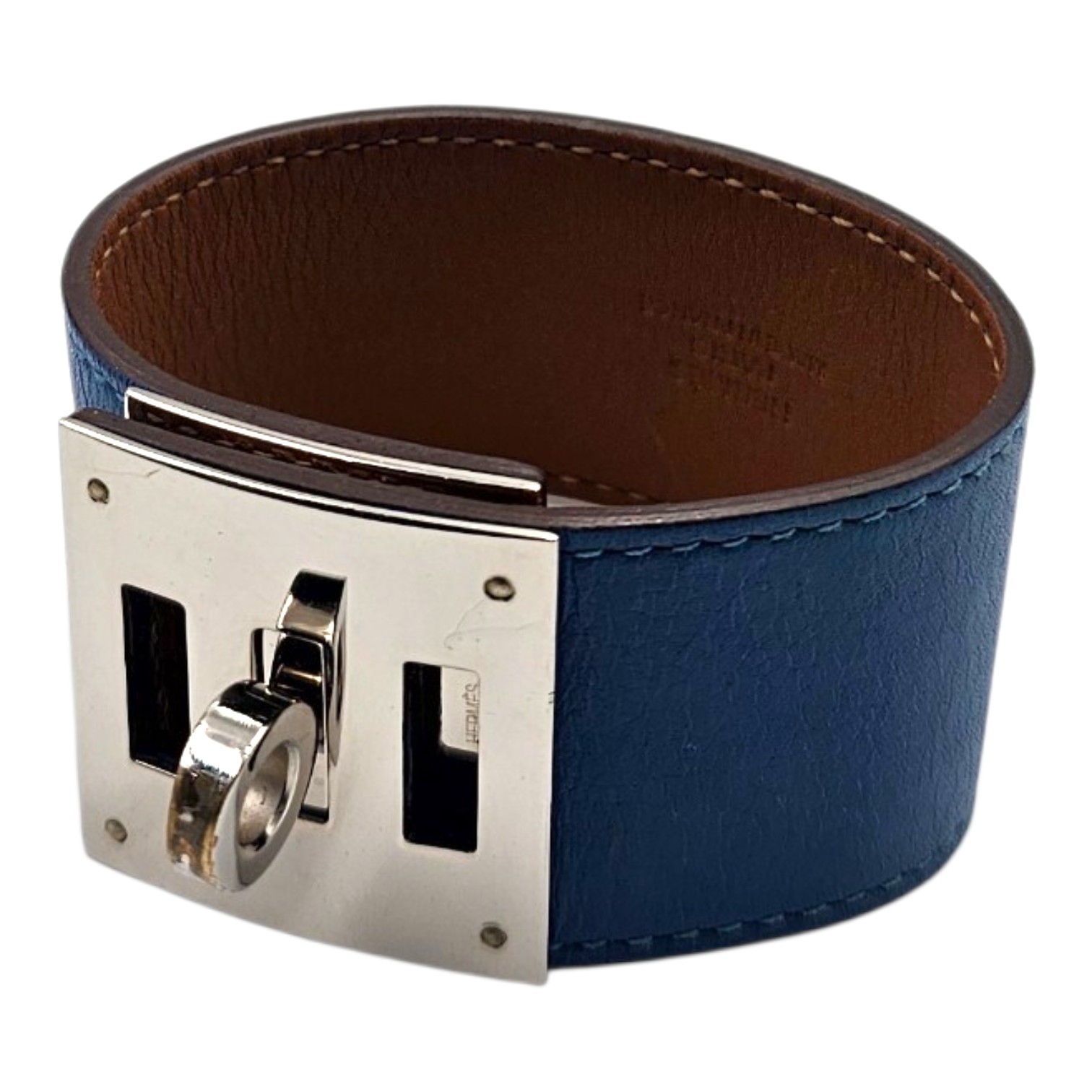 HERMES BRACELET MANCHETTE KELLY DOG EN CUIR BLEU MYKONOS PHW CIRCA 2011
