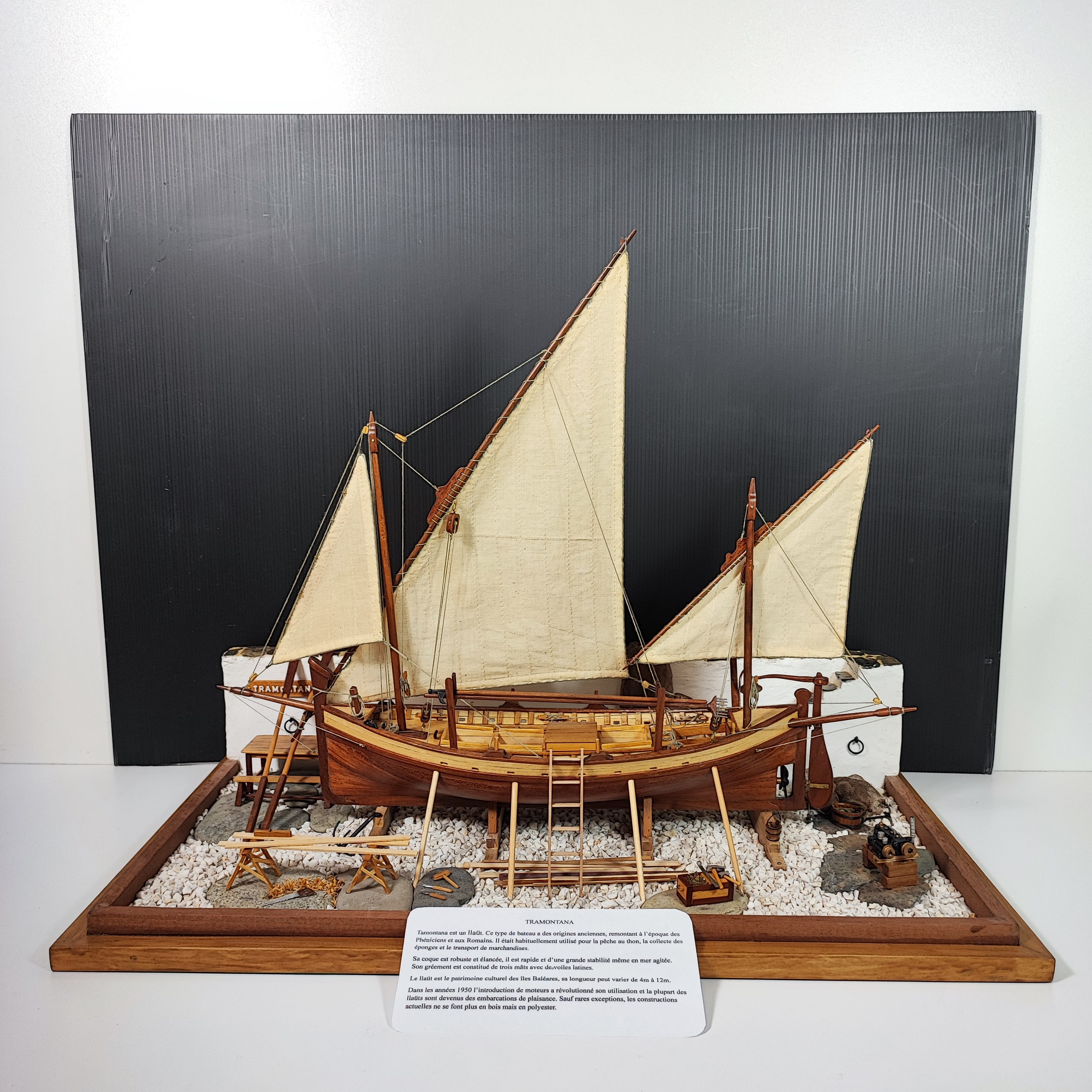 MAQUETTE DE CHANTIER NAVAL LA TRAMONTANA FAITE MAIN 60 x 55 x 34 CM+VITRINE