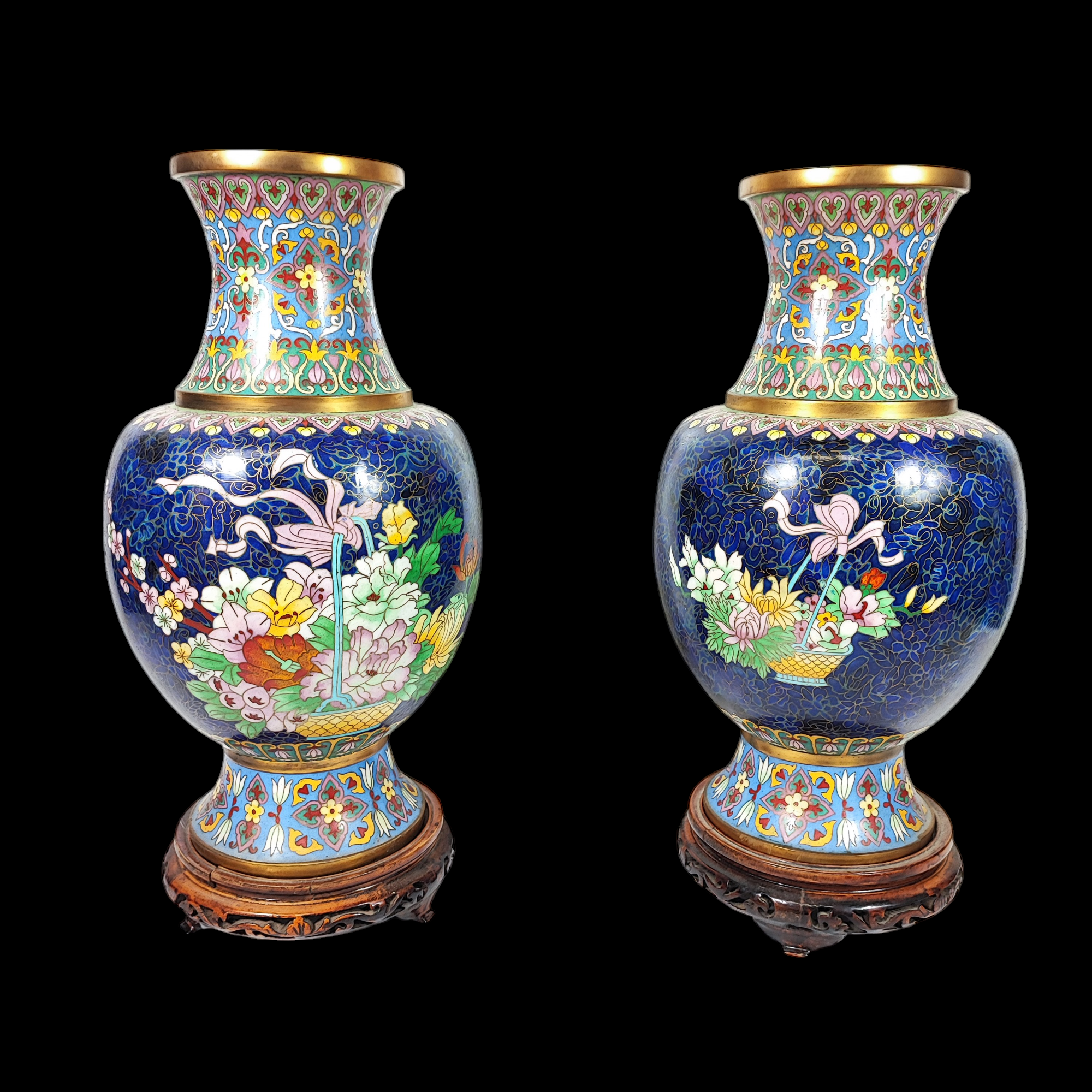 PAIRE DE VASES PANIER FLEURI 20/44 CM EN CLOISONNE