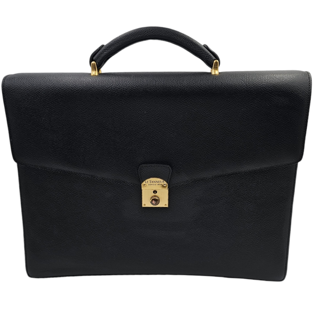 LE TANNEUR CARTABLE PORTE-DOCUMENTS + BANDOULIERE CUIR GRAINE NOIR 38x29x9 cm