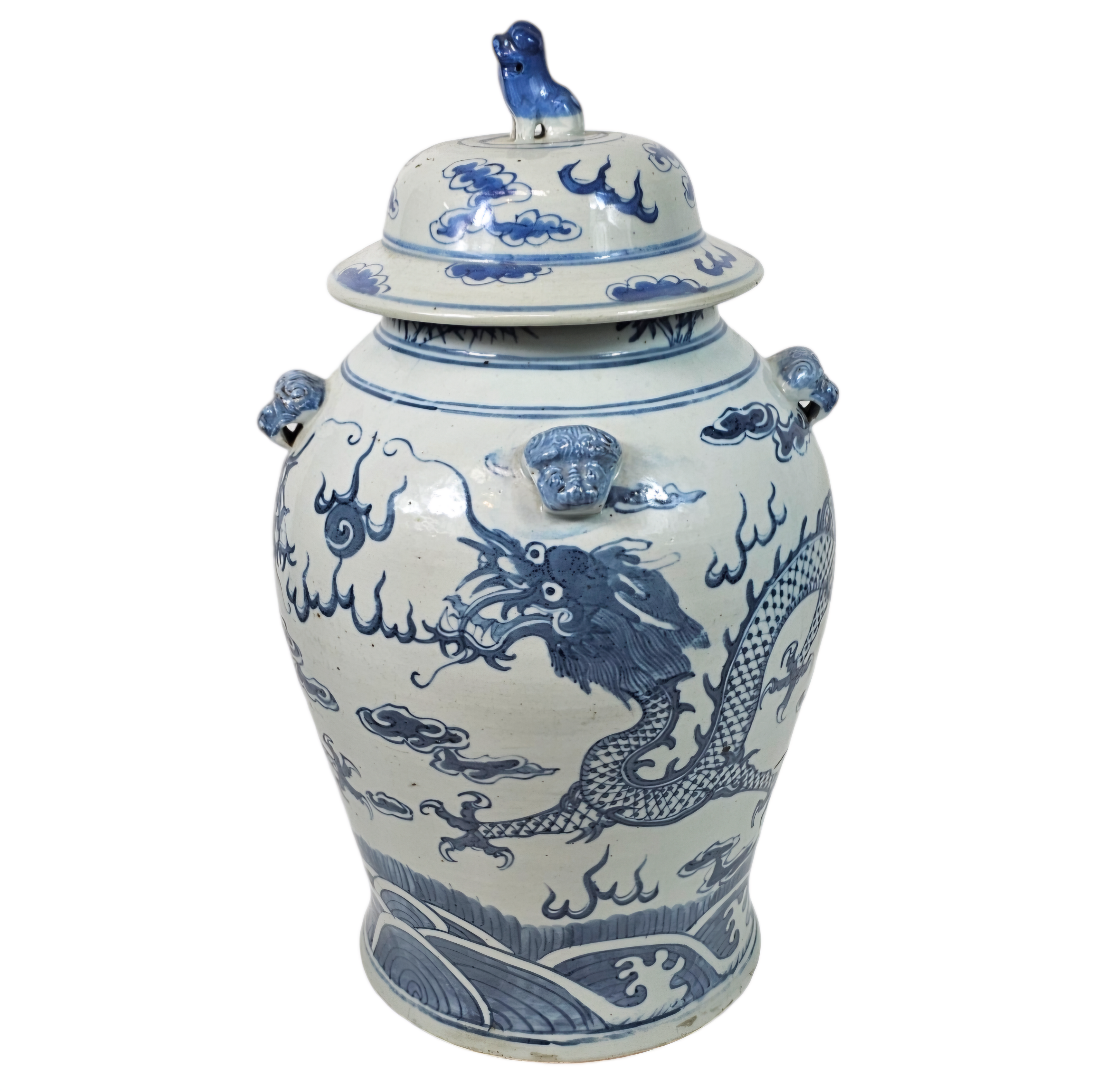 J GRANDE URNE EN PORCELAINE BLANCHE ET BLEUE A DECOR DE DRAGONS H46 CM