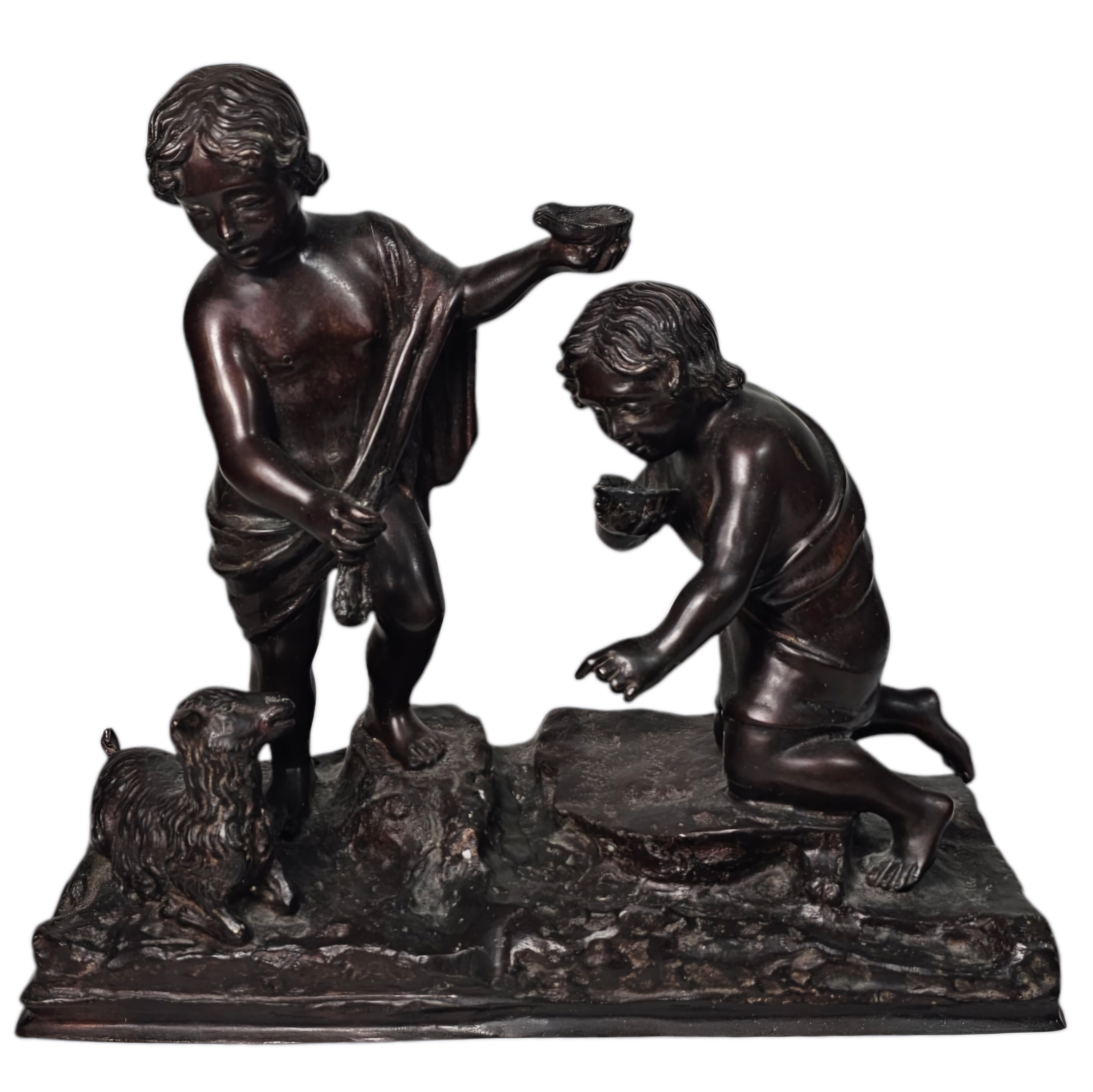 J COUPLE D ENFANTS A LA BREBIS EN BRONZE 35 x 32 x 15 CM