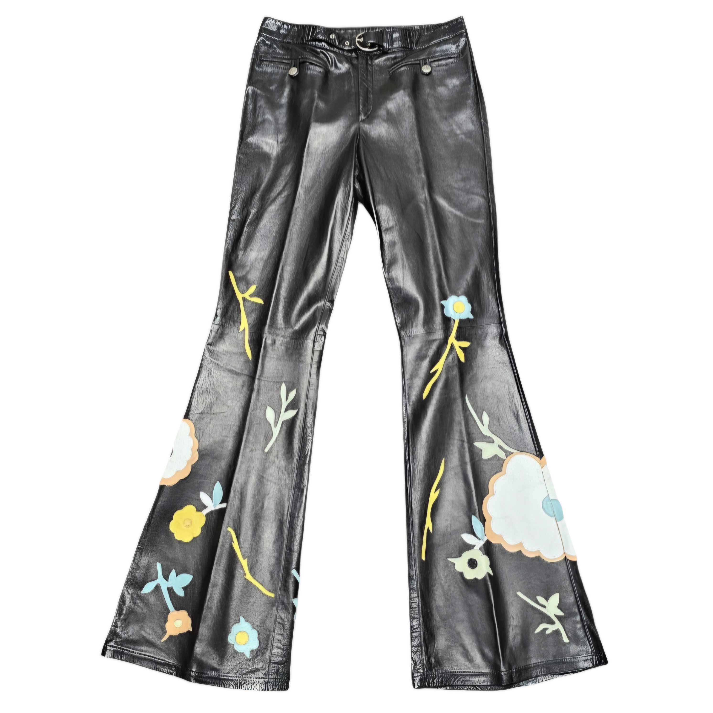 JOHN GALLIANO PANTALON EVASE EN CUIR NOIR ETFLEURS EN CUIR BRODE CIRCA 2000