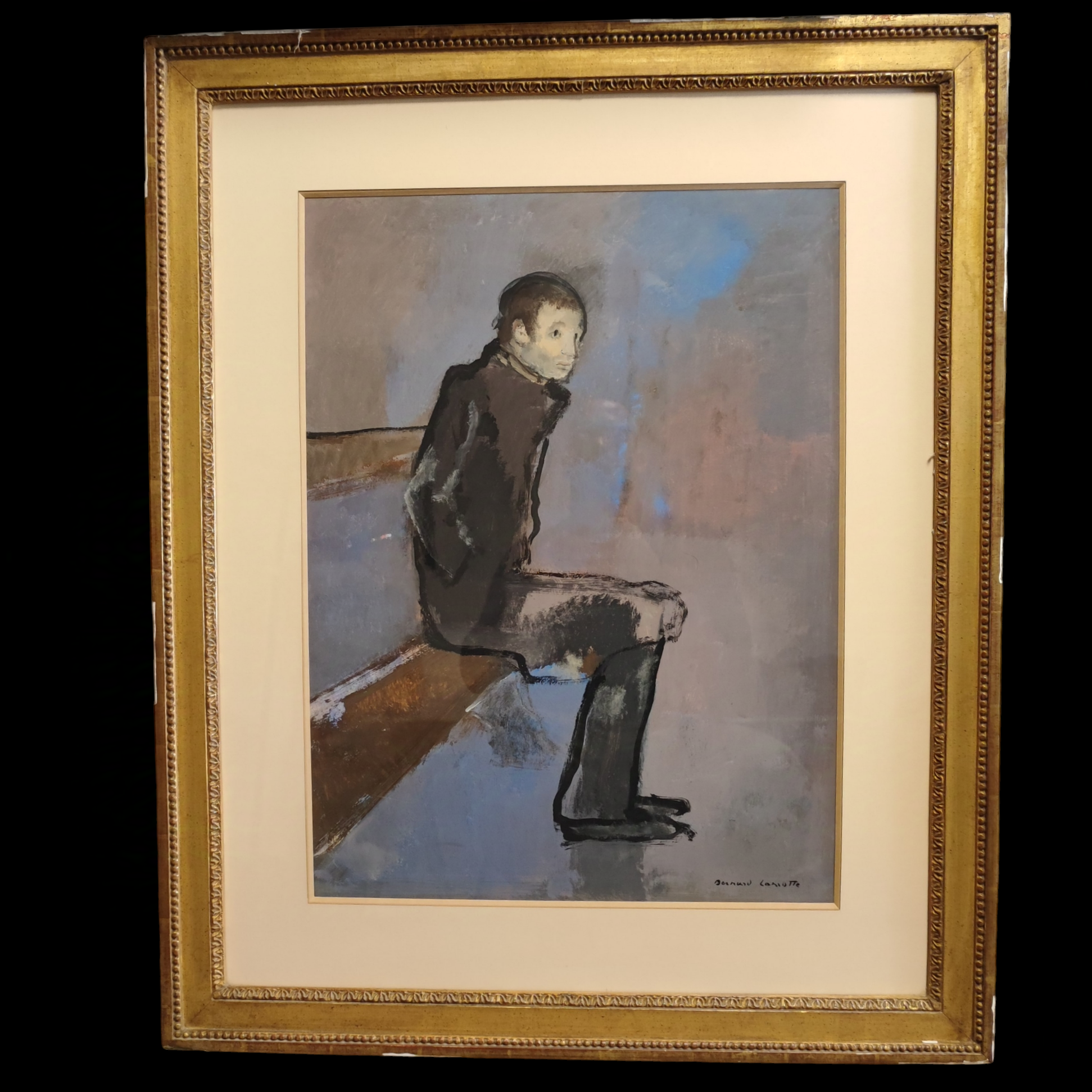 GOUACHE ENCADREE HOMME ASSIS SUR UN BANC 46/62 CM PAR BERNARD LAMOTTE