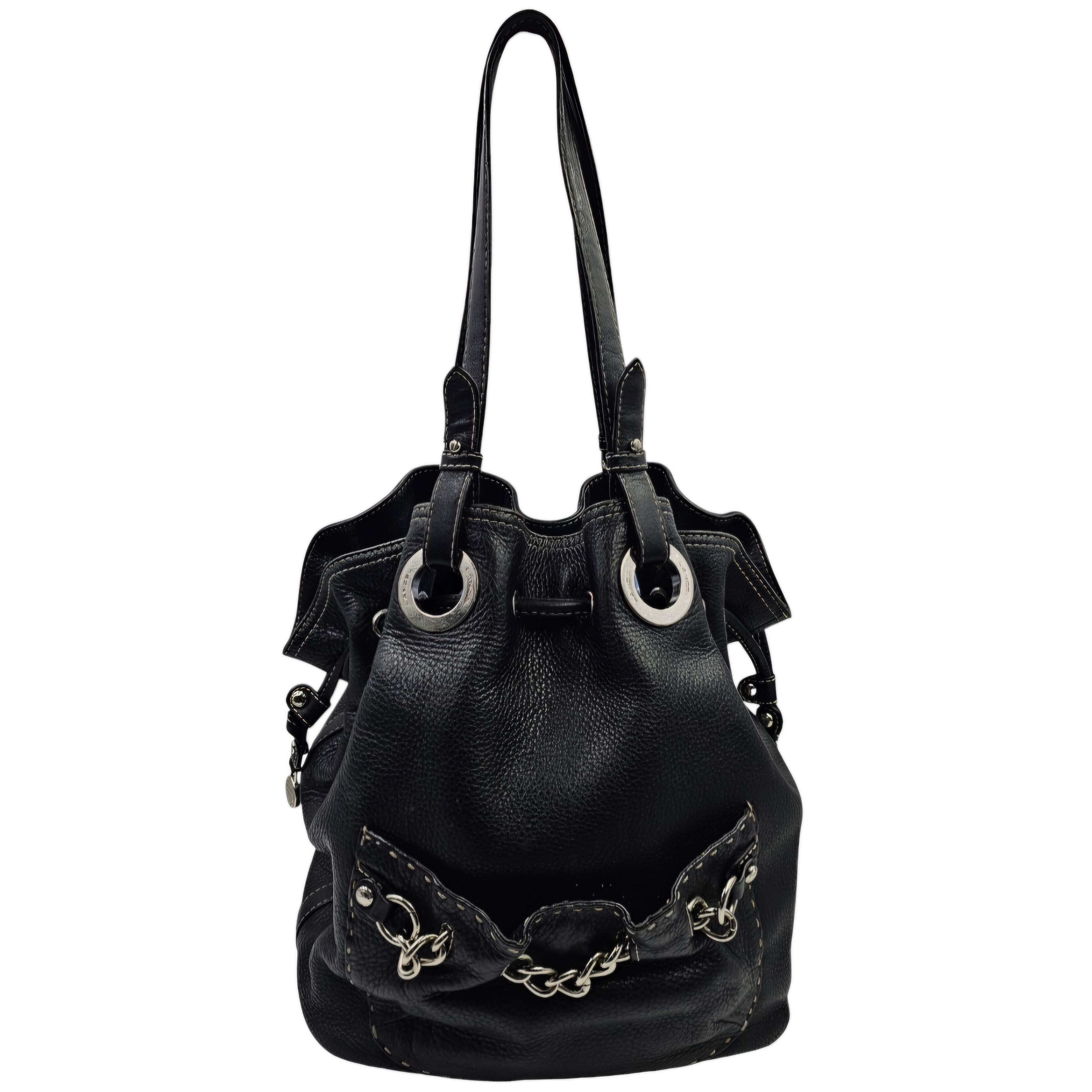 LANCEL SAC BALCONNET EN CUIR NOIR BIJOUTERIE ARGENTEE (COINS FROTTES)